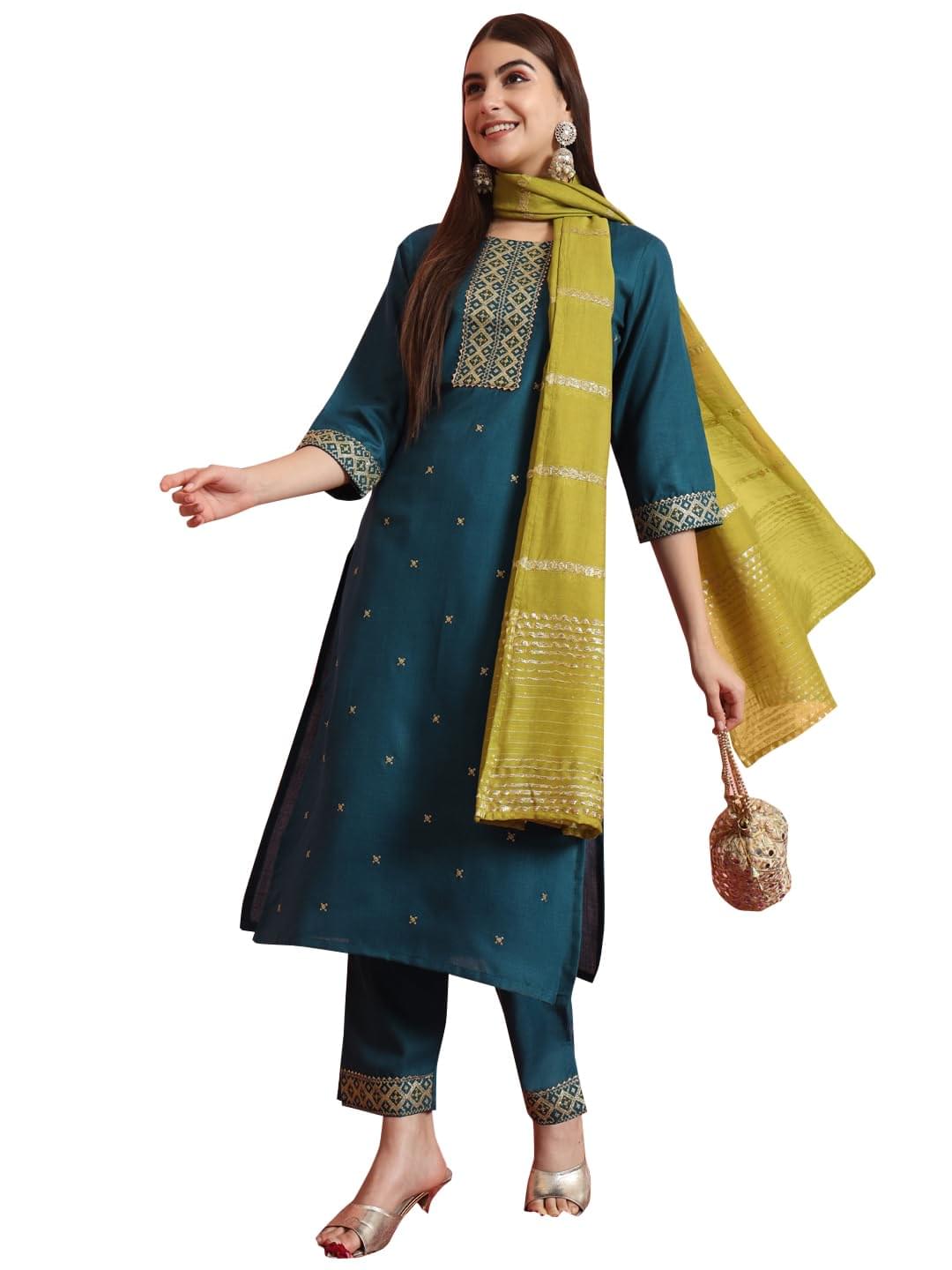 VredeVogel Women’s Cotton Silk Blend Embroidered Kurta with Pant & Viscose Print Dupatta Set