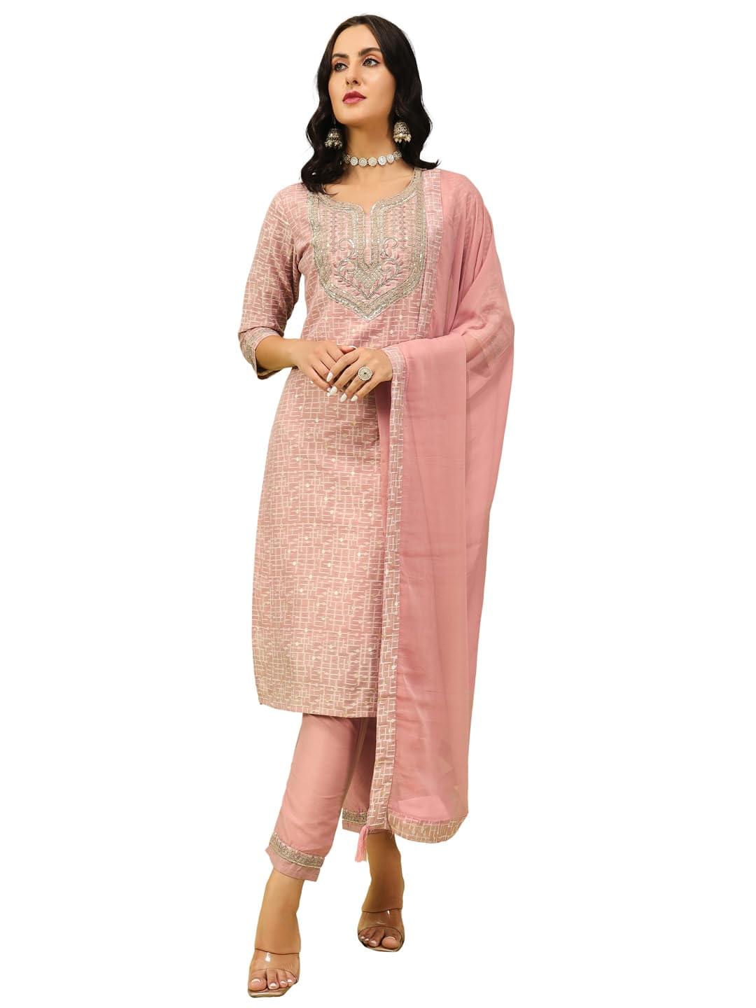 VredeVogel Women’s Embroidered Chanderi Modal Butti Kurta Pant Set with Nazneen Dupatta VredeVogel Women’s Embroidered Chanderi Modal Butti Kurta Pant Set with Nazneen Dupatta