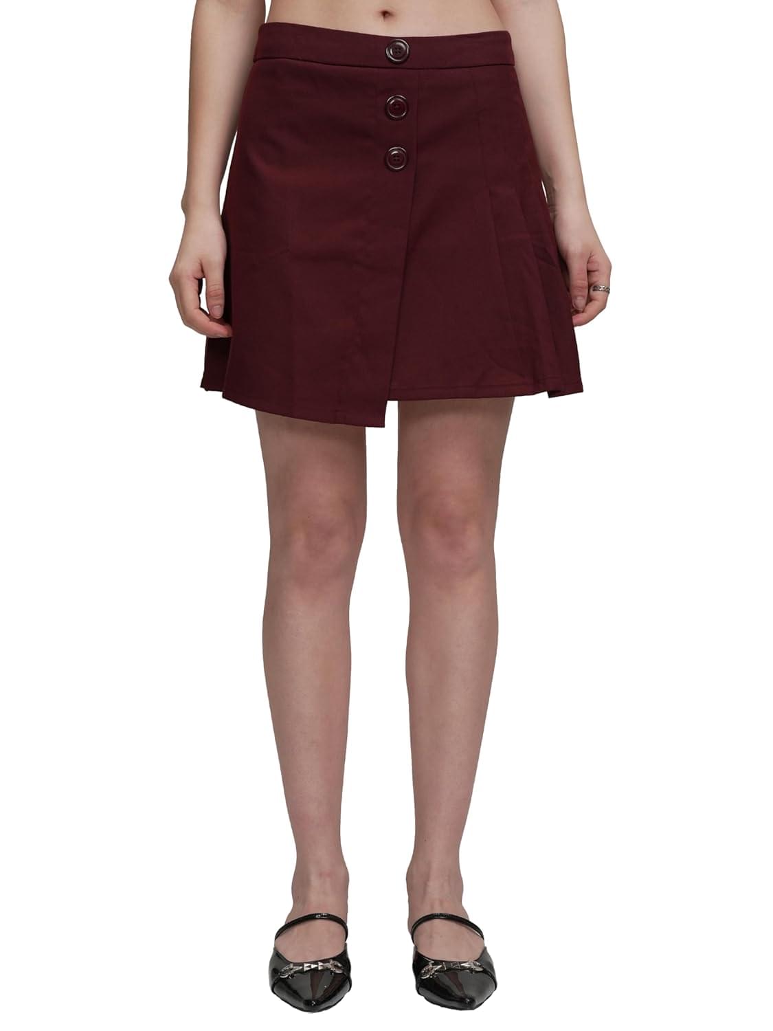 Tokyo Talkies Women’s High-Waisted Wrap Style Solid Mini Skirt | Button Detail | Chic & Trendy Look | Women Skirt | Skirts for Women