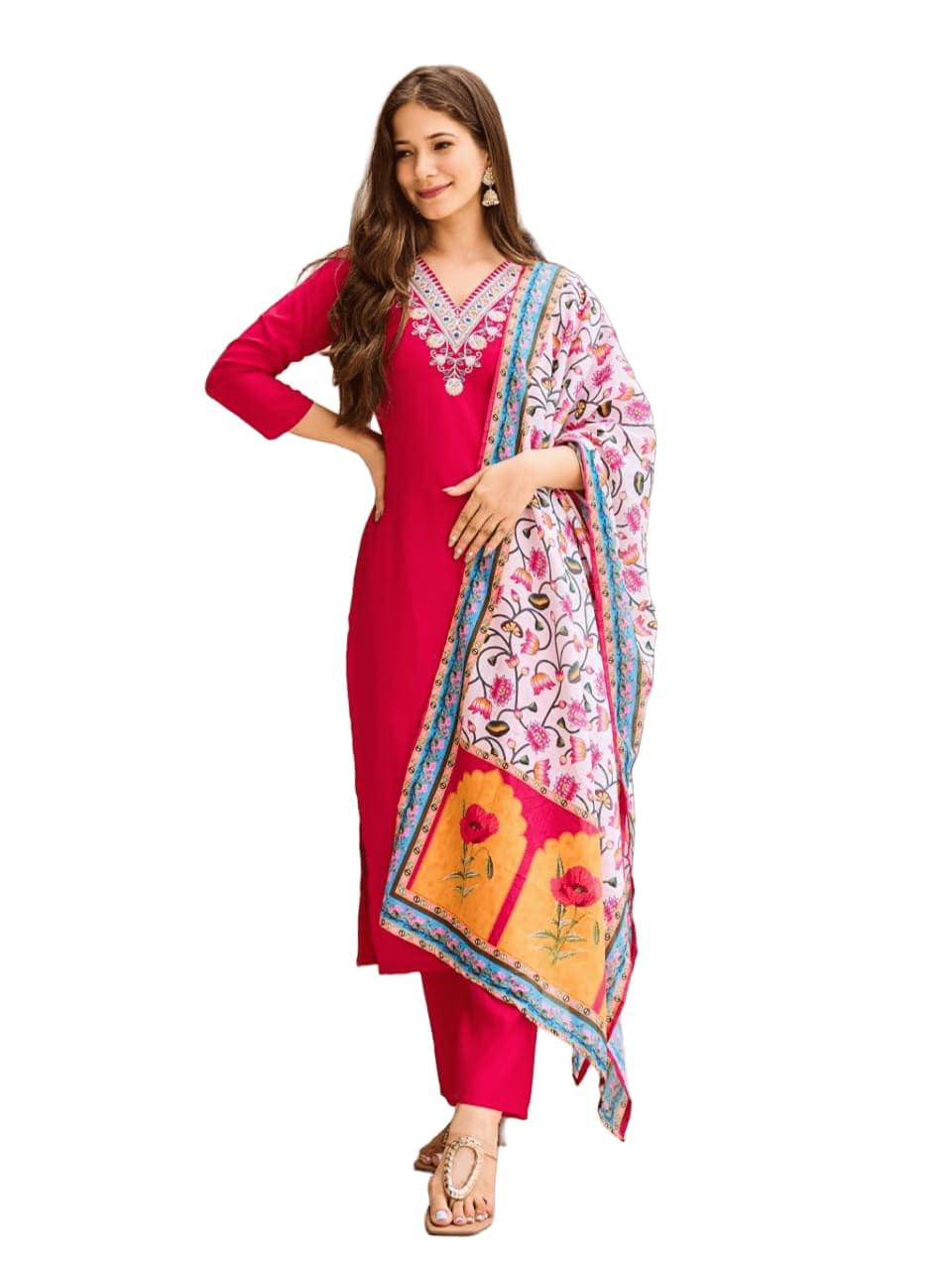 ARMA Fashion Women’s Embroidered Rayon Kurta with Pant & Silk Chiffon Dupatta| 3/4 Sleeve V-Neck| Navratri Diwali Festival Gifting Traditional Ethnic Wear