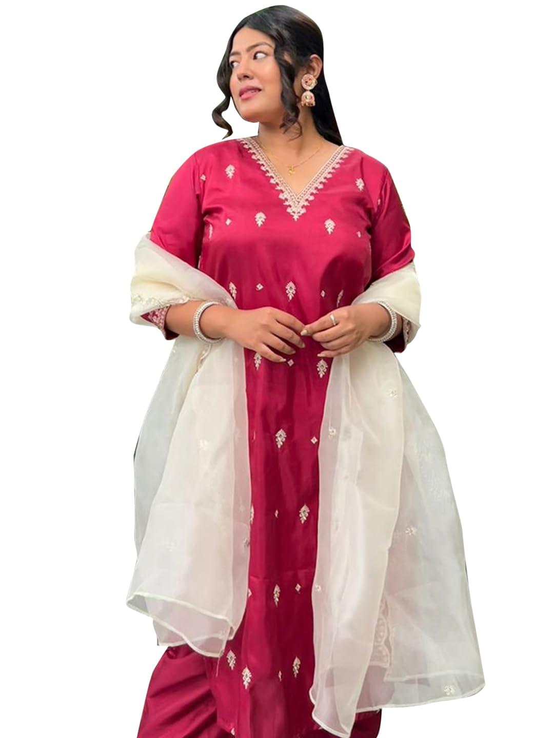 VredeVogel Women’s Silk Blend Kurta Pant Set with Organza Heavy Embroidery Dupatta | Casual Outfit Ethnic Kurta Set for Women | Modern & Traditional Blend Ethnic Wear