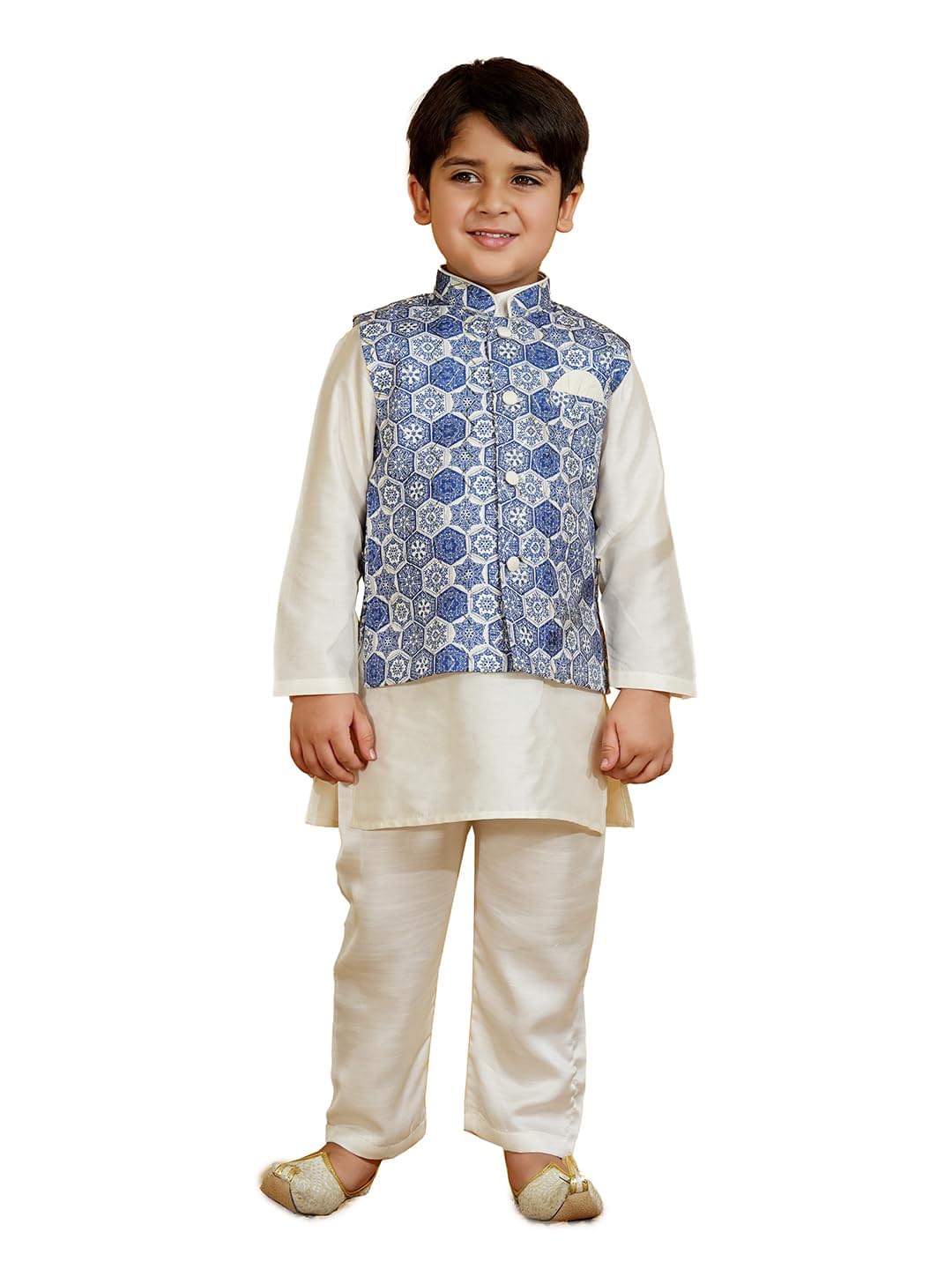 AJ DEZINES Kids Silk Blend Full Sleeve Printed Kurta Pajama & Waistcoat Set for Boys – Ethnic wear | Special Occasion & Festive Outfit | Waistcoat for boys – Regular Fit