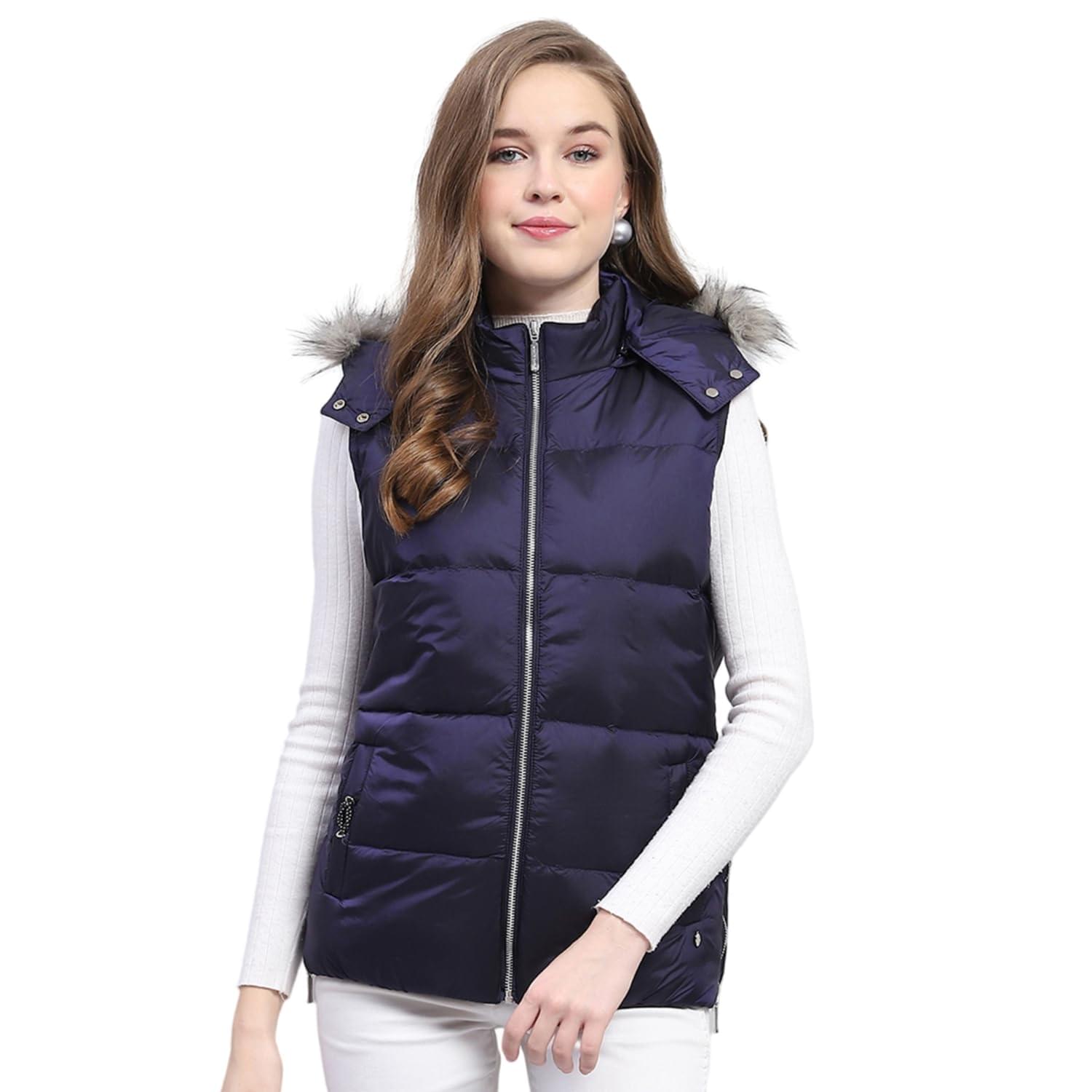 Monte Carlo Womens Solid Blue Detachable Hood Sleeveless Jacket Monte Carlo Womens Solid Blue Detachable Hood Sleeveless Jacket