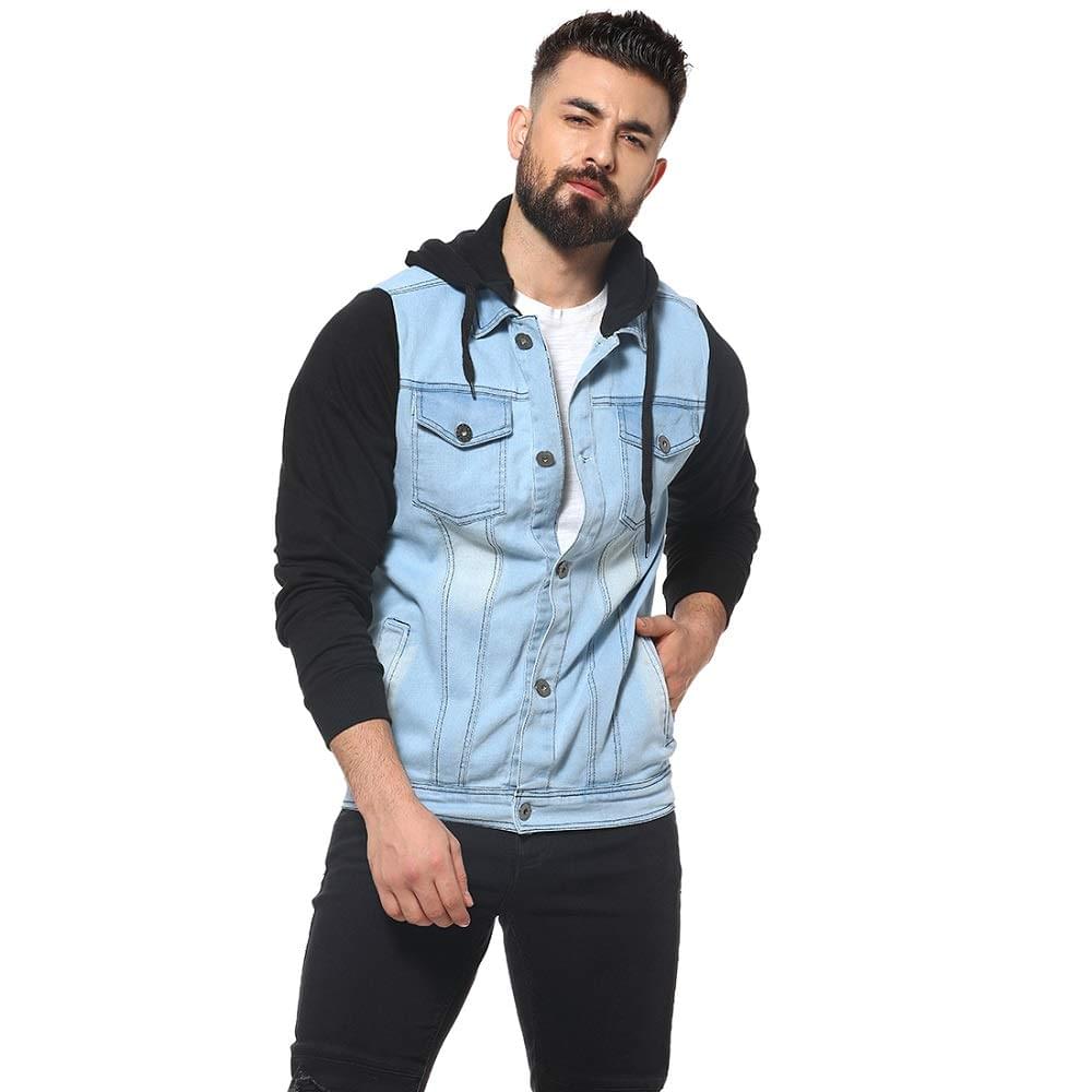 Campus Sutra Men’s Cotton Colour-Blocked Denim Jacket with Hoodie | Structured Jacket with Comfort Fit, Regular Full Sleeves and Stretchable Fabric for Casual Wear