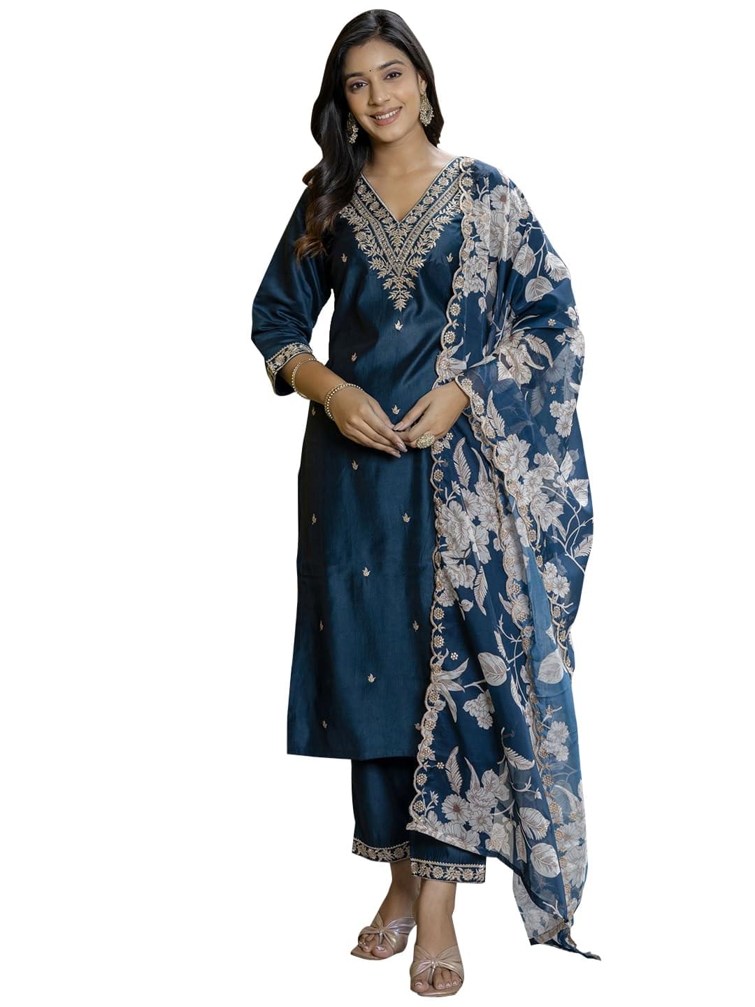 VredeVogel Kurta Set with Dupatta | Embroidered Viscose Rayon Kurta Pant Set for Women | Women’s Ethnic Casual Kurti Set