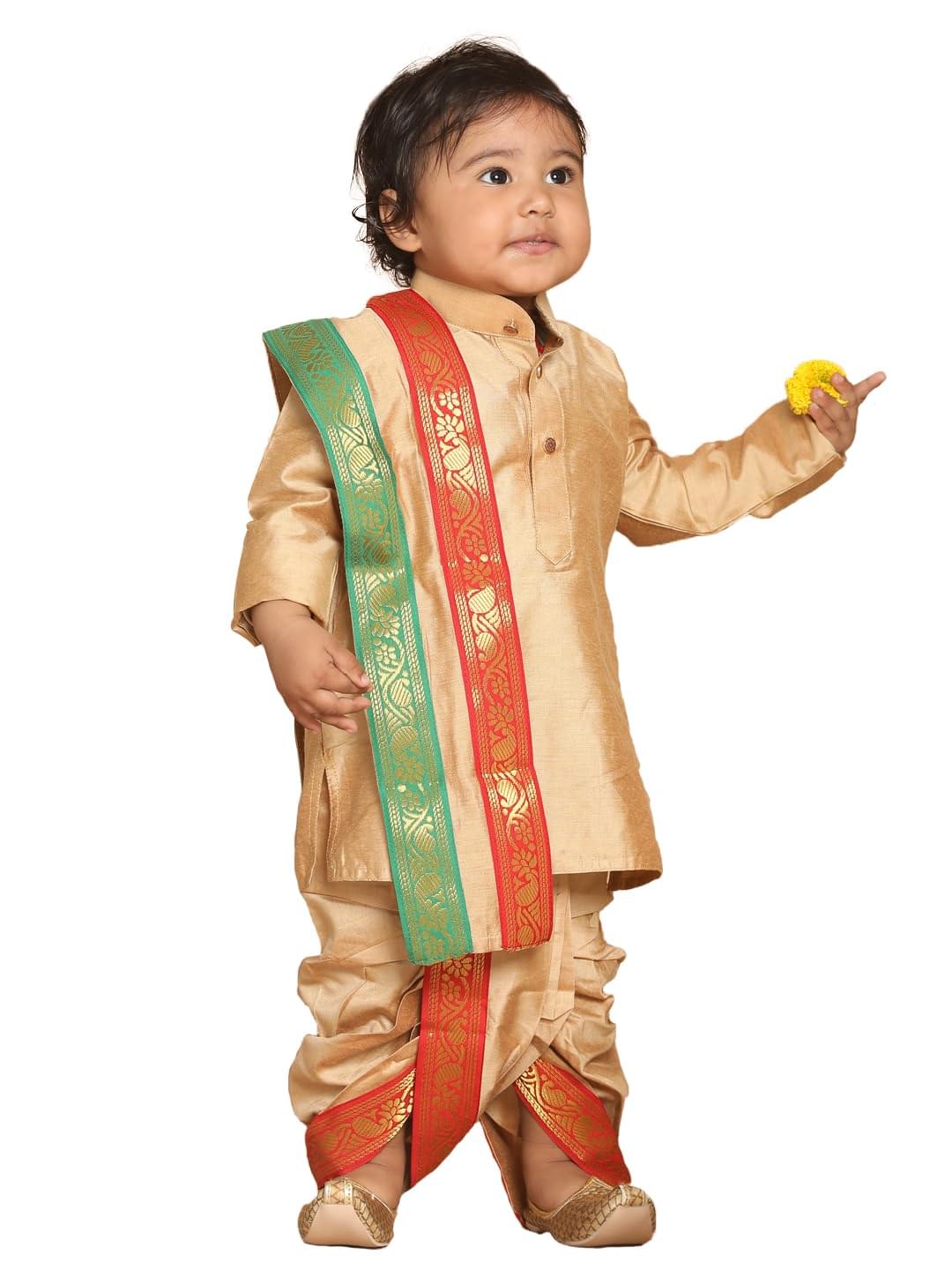 VASTRAMAY Infant Boys Rose Gold Cotton Blend Kurta Dhoti And Dupatta_VSHISBDK007RG_20