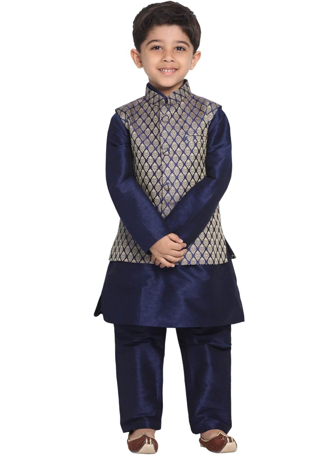 JBN Creation Boys Silk Blend Kurta Pyjama Jacket Set – Elegance for Festivals | Banarasi Jacquard Modi/Nehru Jacket and Kurta Pyjama Set |Traditional Attire with Embroidered Jacket for Kids