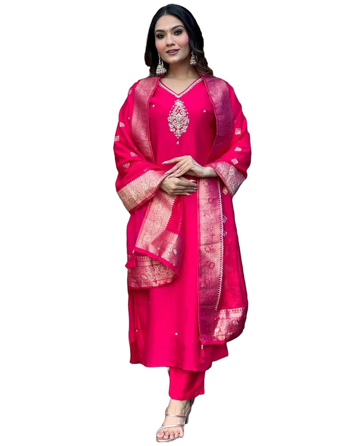 ANNI DESIGNER Women’s Silk Blend Straight Embroidered Kurta with Pant & Dupatta