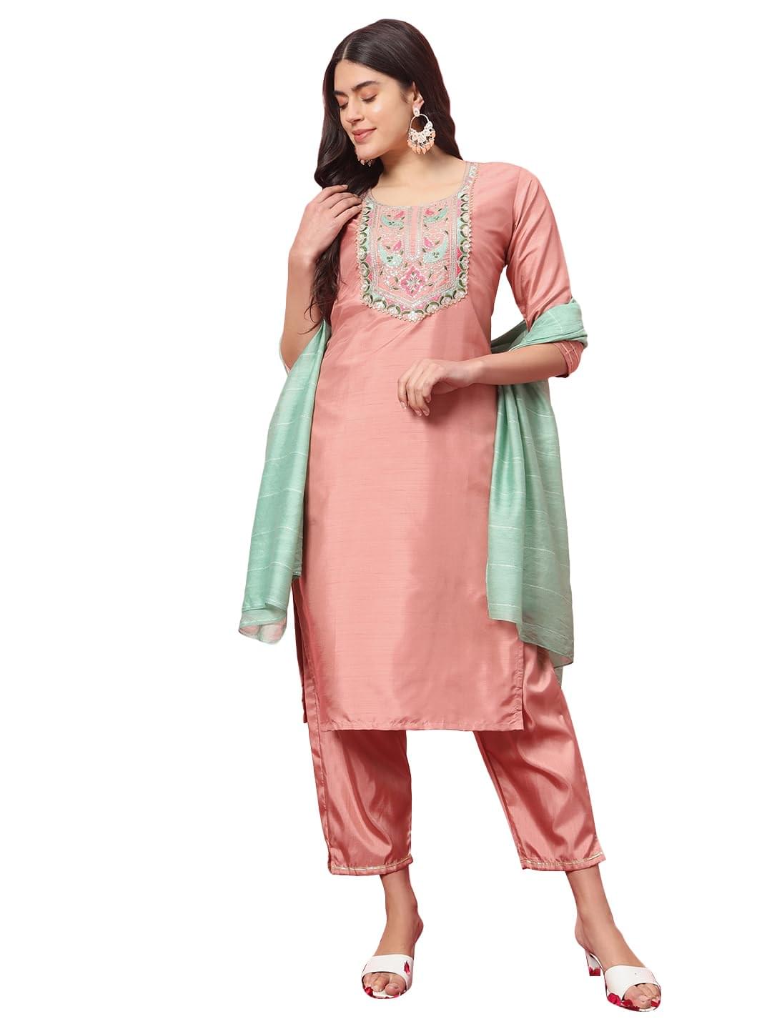 VredeVogel Women’s Silk Blend Kurta Pant Set with Silk Embroidery Dupatta