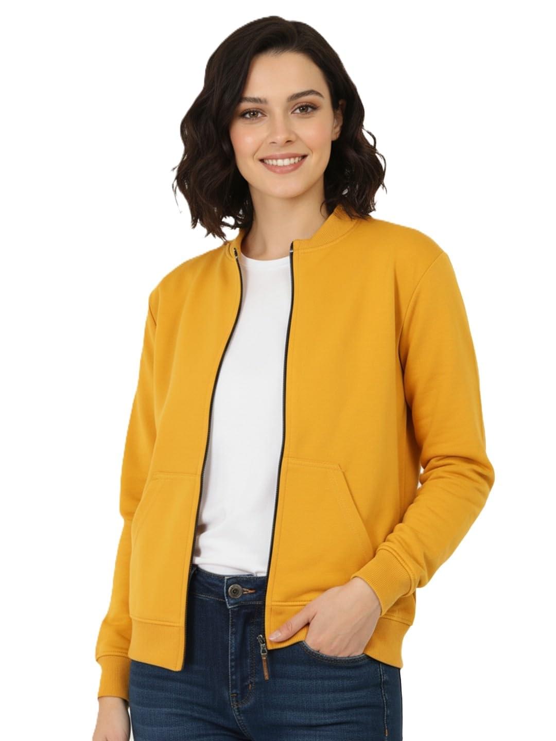 LEOTUDE Women’s Drop Shoulder Loose Fit Loopknit Bomber Jacket with Zipper Closure and Side Pockets Jackets For Women (Colour: Mustard)