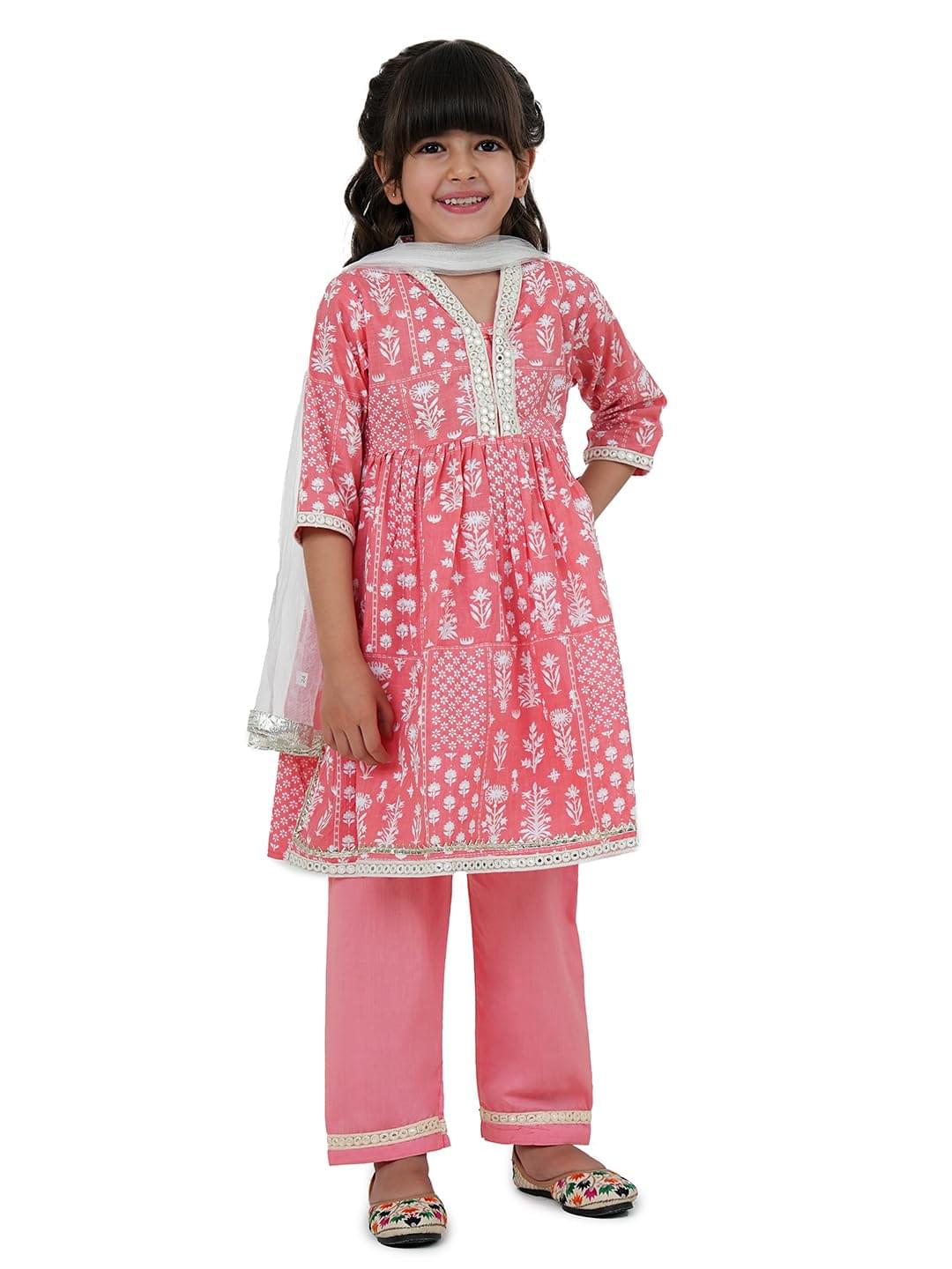 AJ DEZINES Kids Cotton 3/4th Sleeve Kurta Sharara Set for Girls – Ethnic Wear | Festival Wear – Floral Printed, Regular Fit