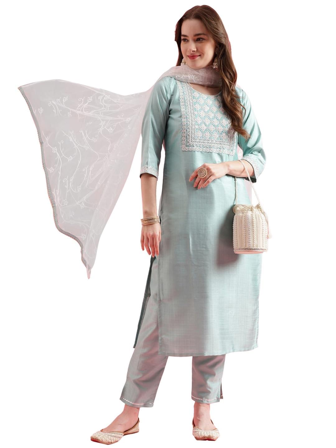 VredeVogel Women’s Silk Blend Kurta Pant Set with Net Embroidery Dupatta