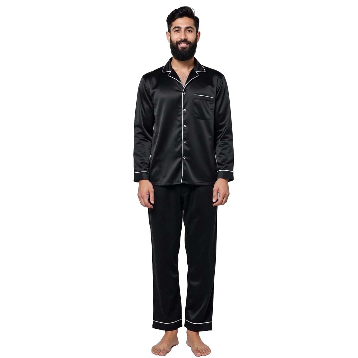 Men’s Silk Pajama Set – Black Full Sleeve Sleepwear – Lightweight, Breathable & Relaxed Fit Luxury Loungewear