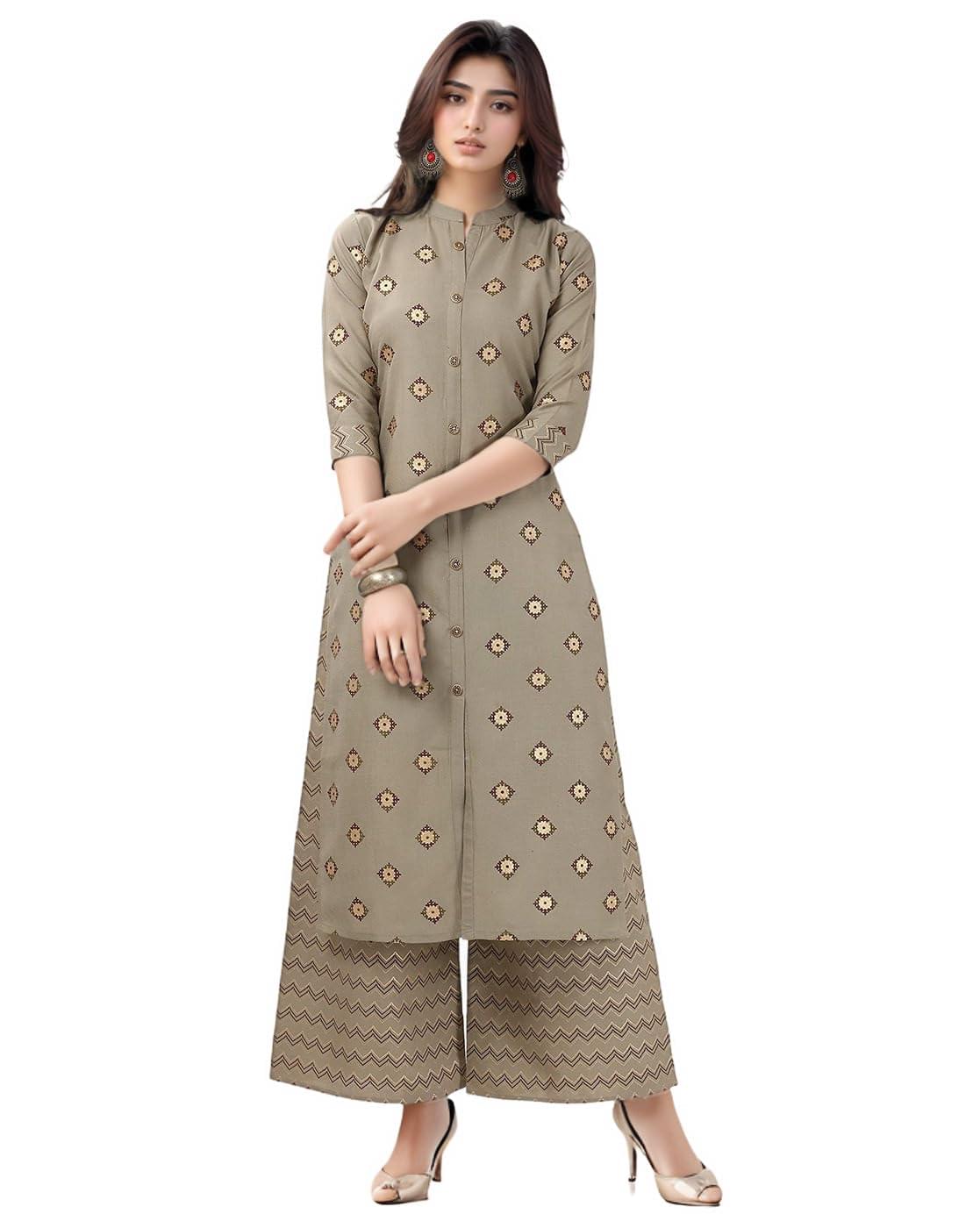 SMOWKLY Premium Women’s Cotton Blend Motif Chevron Print Kurta Palazzo Set || Regular Fit 3/4 Sleeve Chinese Collar || Modern Ethnic Outfit for Casual & Office Wear SMOWKLY Premium Women’s Cotton Blend Motif Chevron Print Kurta Palazzo Set || Regular Fit 3/4 Sleeve Chinese Collar || Modern Ethnic Outfit for Casual & Office Wear