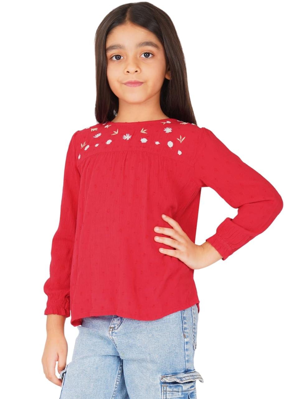 CREATIVE KIDS Red Embroidered Round Neck Regular Top | Three-Quarter Sleeves Rayon Tops for Girl