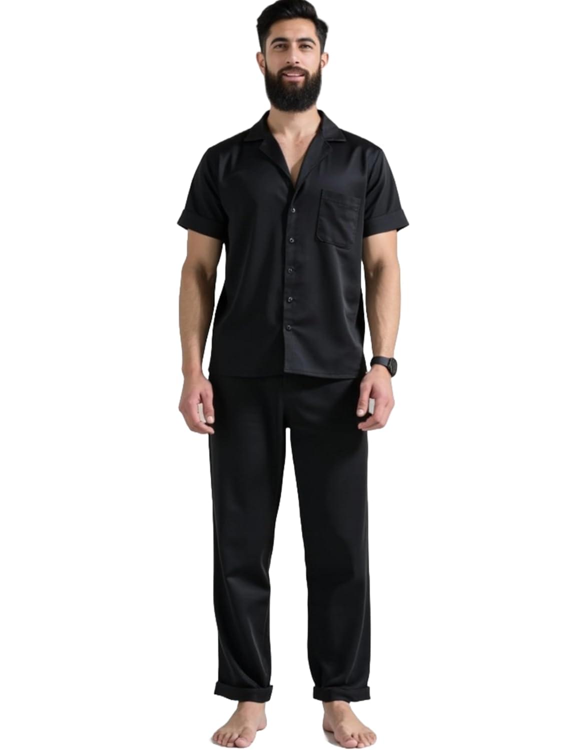 Men’s Black Nightwear Set | Modern Luxe Half Sleeve Pyjama & Lounge Co‑Ord | Men Night Suit & Sleepwear