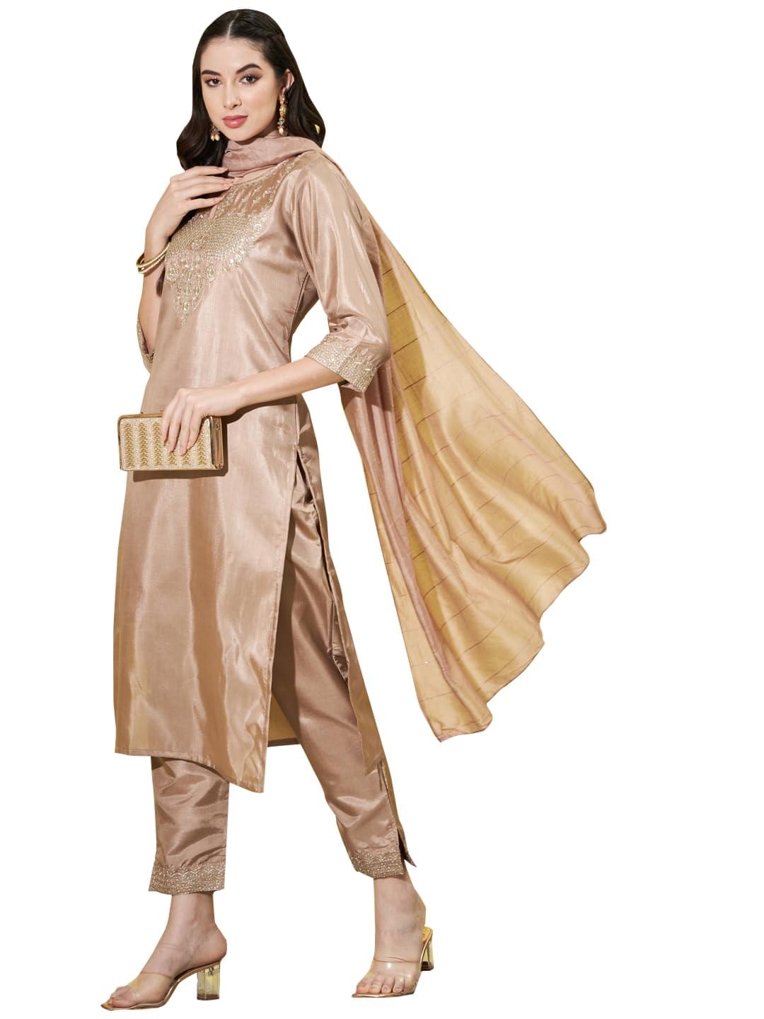VredeVogel Women’s Cotton Silk Blend Kurta Set with Trousers Pant & Nazneen Dupatta
