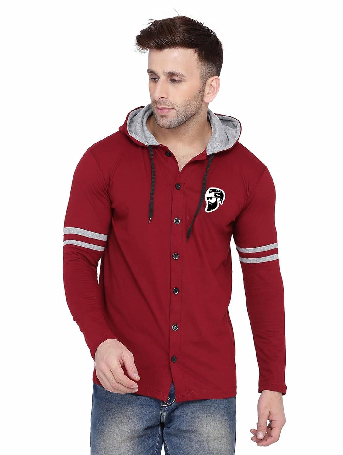 Blisstone Men’s Full Sleeve Hooded T-Shirt with Button Closure & Contrast Striped Sleeves | Stylish Cotton Blend Hoodie for Casual Wear Maroon