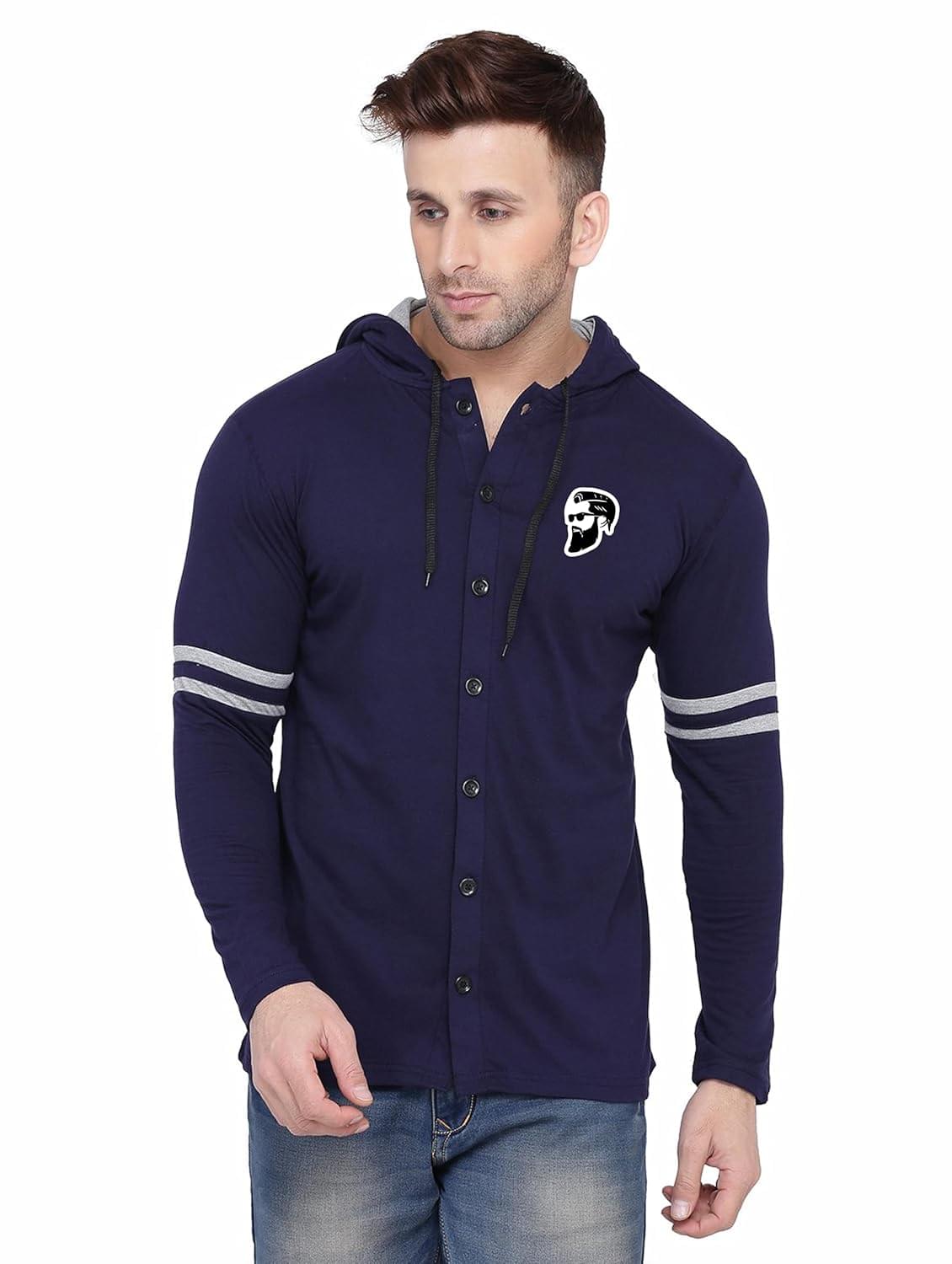 Blisstone Men’s Full Sleeve Hooded T-Shirt with Button Closure & Contrast Striped Sleeves | Stylish Cotton Blend Hoodie for Casual Wear Dark Blue
