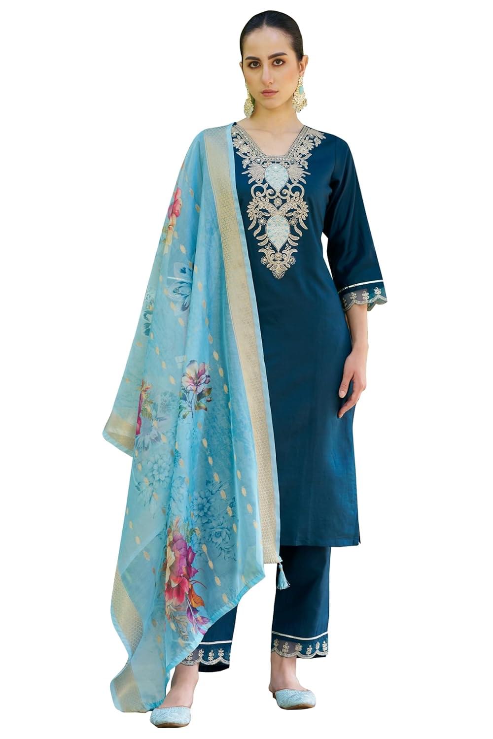 VredeVogel Women’s Viscose Rayon Embroidered Kurta with Pant & Organza Dupatta Set