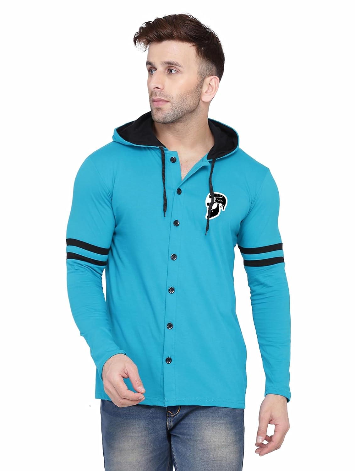 Blisstone Men’s Full Sleeve Hooded T-Shirt with Button Closure & Contrast Striped Sleeves | Stylish Cotton Blend Hoodie for Casual Wear Turquoise