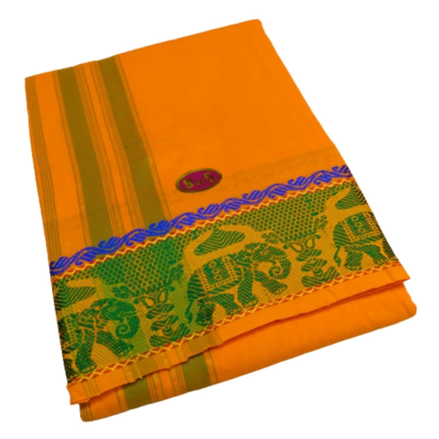 Men’s Traditional Pure Cotton Dhoti With 3’Inch Jacquard Polyester Border Colour Dhoti Size: 9×5 (or) 4.15 Mts Dhoti With 2.30 Mtr Angavastram Both Atached Haldi-Yellow