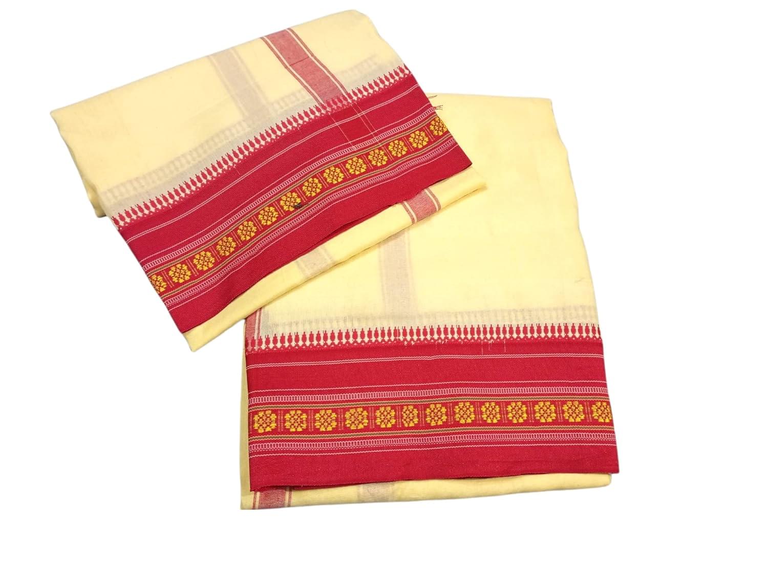 Rameshwaram Fabrics Cream-Beige Color Cotton Silk Dhoti for men, Soft & Comfortable Fabrics, Pooja Dhoti Set with Angwastram 9-5