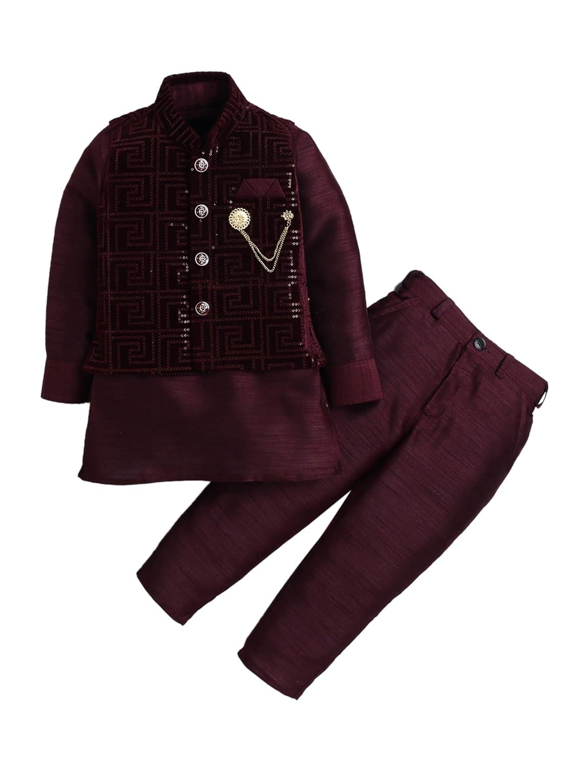 AHHAAAA Boy’s Velvet 3 Piece Indo-Western Set|Kids Sequin Embellished Work Waistcoat,Velvet Sherwani Set|Ideal for any Festivals and Cultural Occasion|8112|
