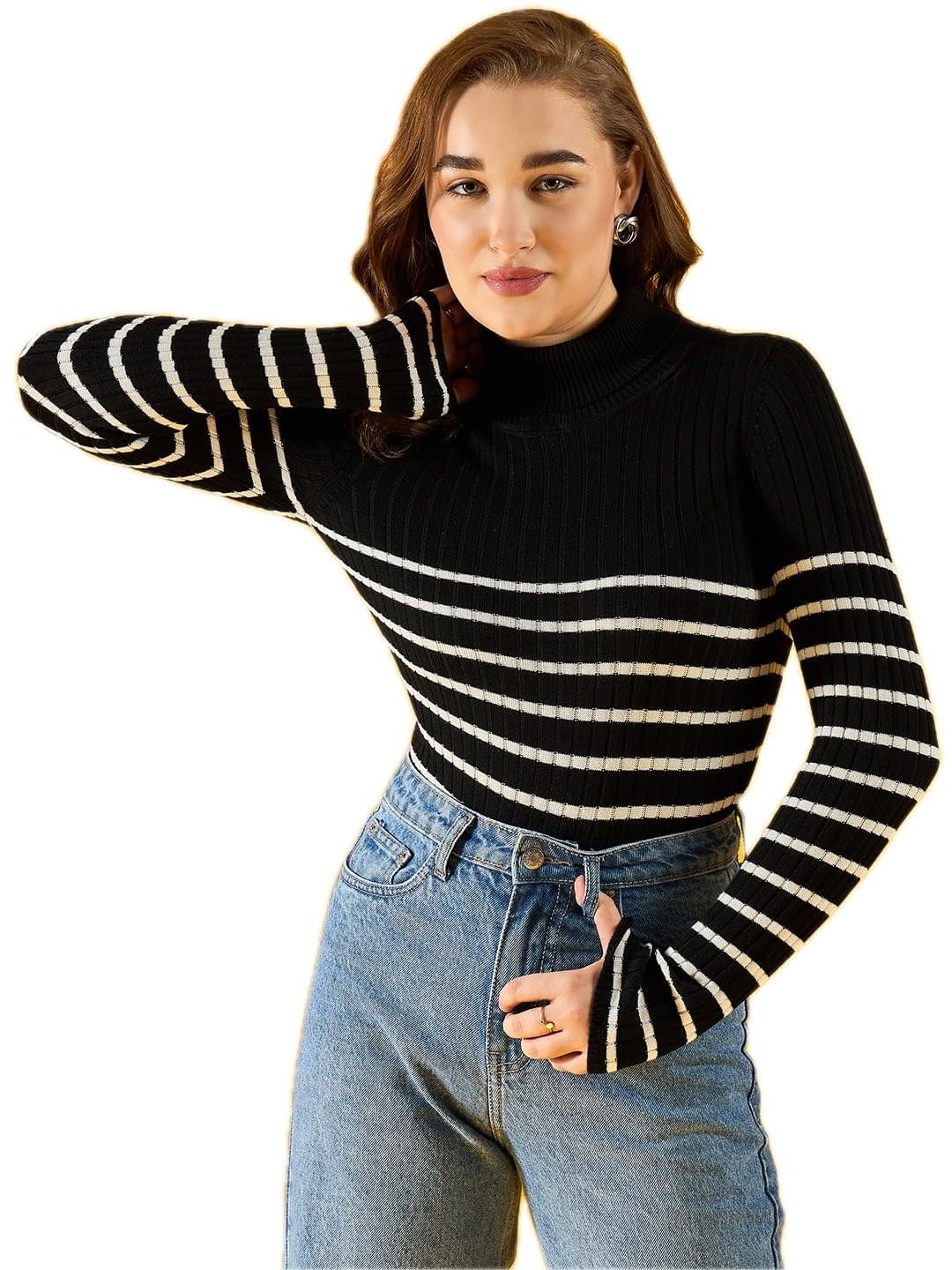 98 Degree Women Pure Cotton Turtle Neck Sweater Has A Full Sleeve & Straight Hem-AW25AZG1157-BLACK
