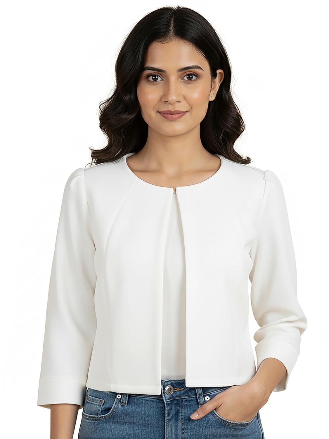 Glito Women’s Imported Poly Solid Open-Front Blazer Shrug Jacket | Regular Fit | Round Neck | 3/4 Sleeves | Jacket for Women | Ideal for Elegant Workwear & Casual Shrug for Women