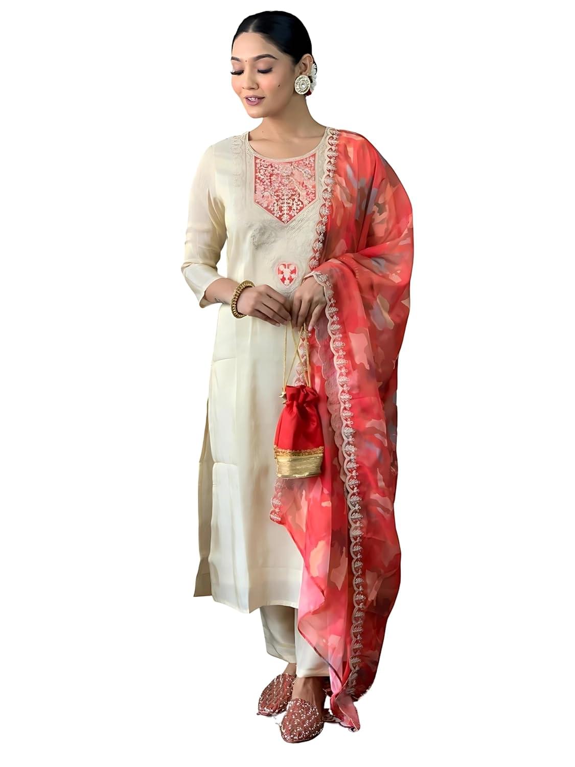 Naixa Women’s Chanderi Silk with Lining Embroidered Straight Kurta with Pant and Dupatta Sets (Available in Plus Size) (547)