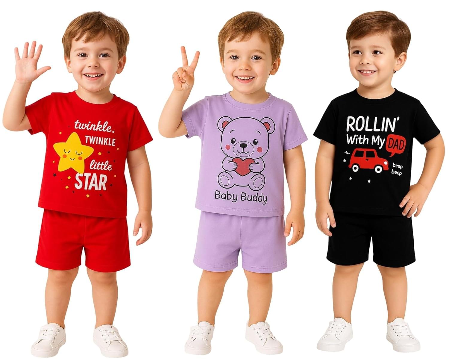 Baby unisex Clothing sets Tshirts and shorts co ordinated outfit kid boys regular dress for 1 month to 5 year pack of 3