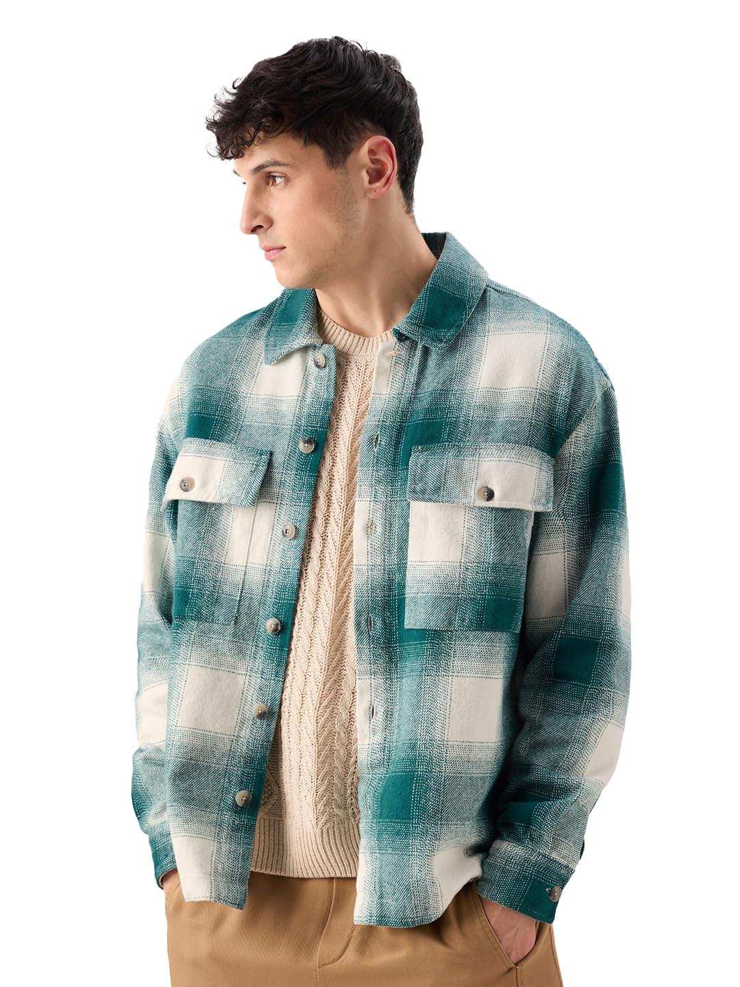 The Souled Store Plaid: Light Emerald And White Men and Boys Long Sleeves Collared Neck Button Front Cotton Oversized Flannel Shackets