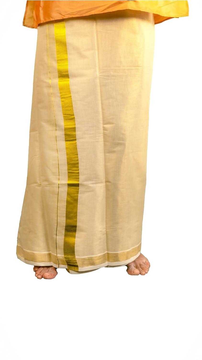 Kuthampully Men’s Kerala Kasavu Dhothi Tissue Single 2 Metre | Golden Kerala Kasavu Mundu | Plain Tissue Dhoti For Men | Traditional South Indian Kasavu Mundu | EKM-899 | Pack -1
