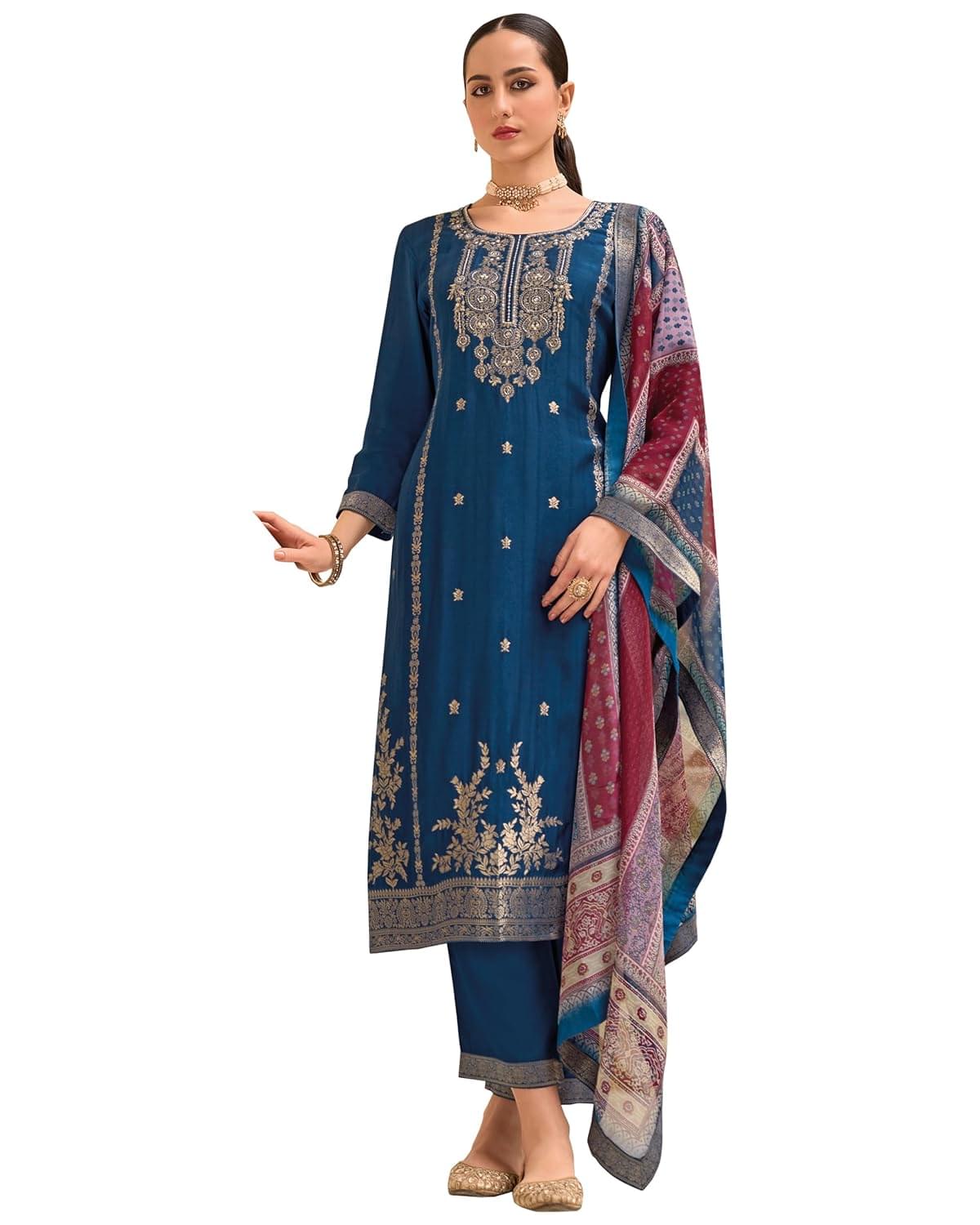 VredeVogel Women’s Viscose Self Jacquard Kurta with Pant & Organza Digital Print Dupatta Set