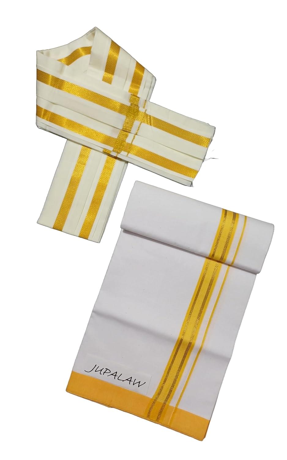 Men’s Cotton Dhoti with Angavastram, Traditional White Lungi and Gamcha Towel Set, 2 Metres, Zari Big Border