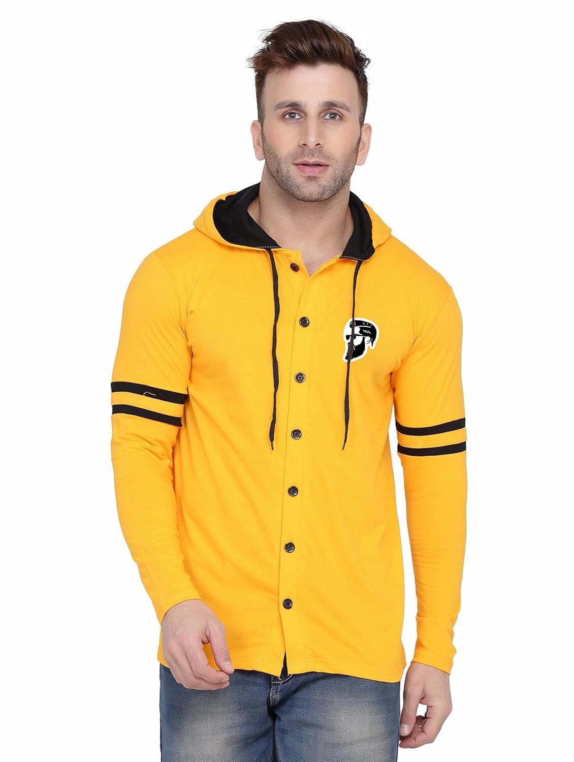 Blisstone Men’s Full Sleeve Hooded T-Shirt with Button Closure & Contrast Striped Sleeves | Stylish Cotton Blend Hoodie for Casual Wear Yellow