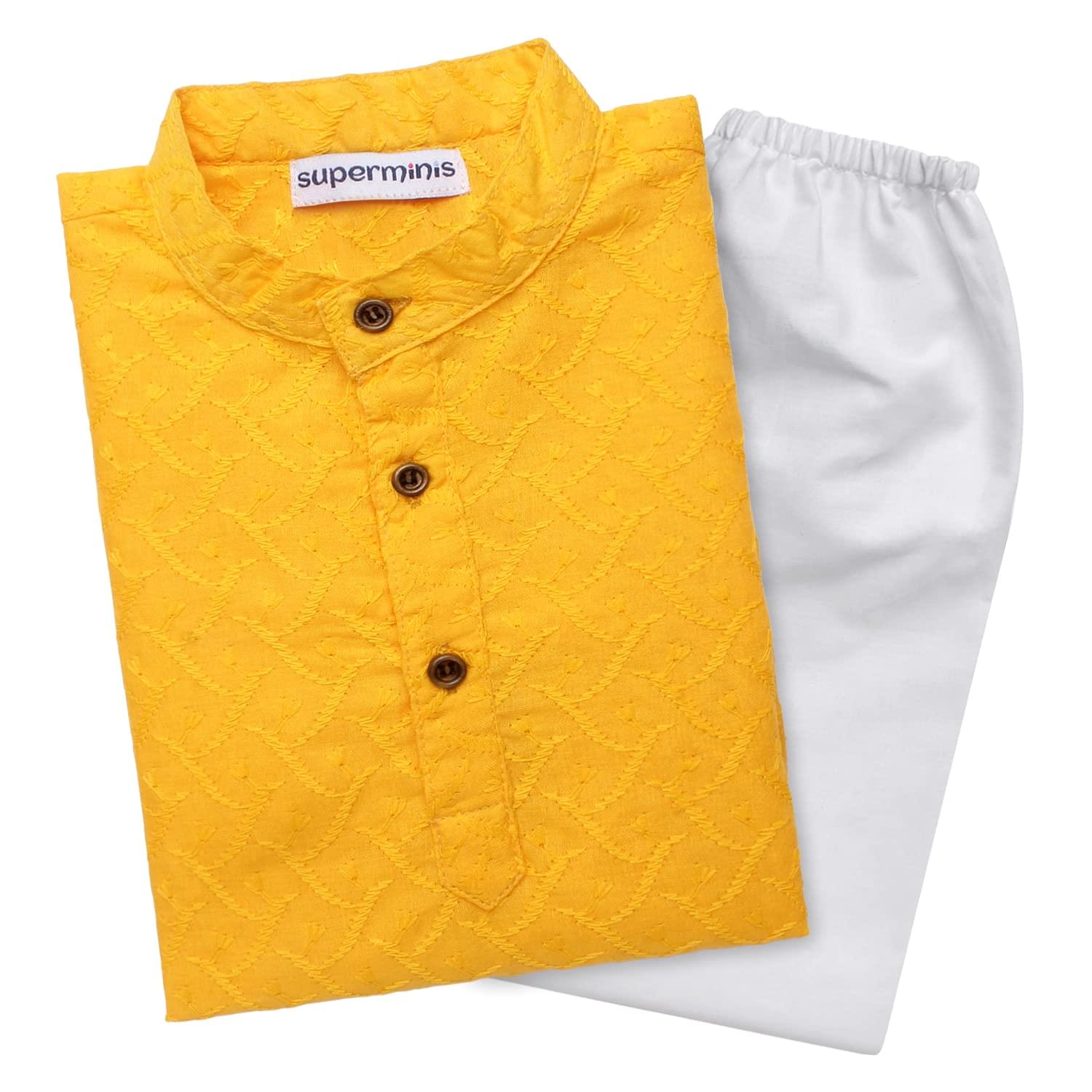 superminis Baby Boys Ethnic Wear Colored Cotton Chikankari Kurta, Round Collar, Full Sleeves With White Pyjama