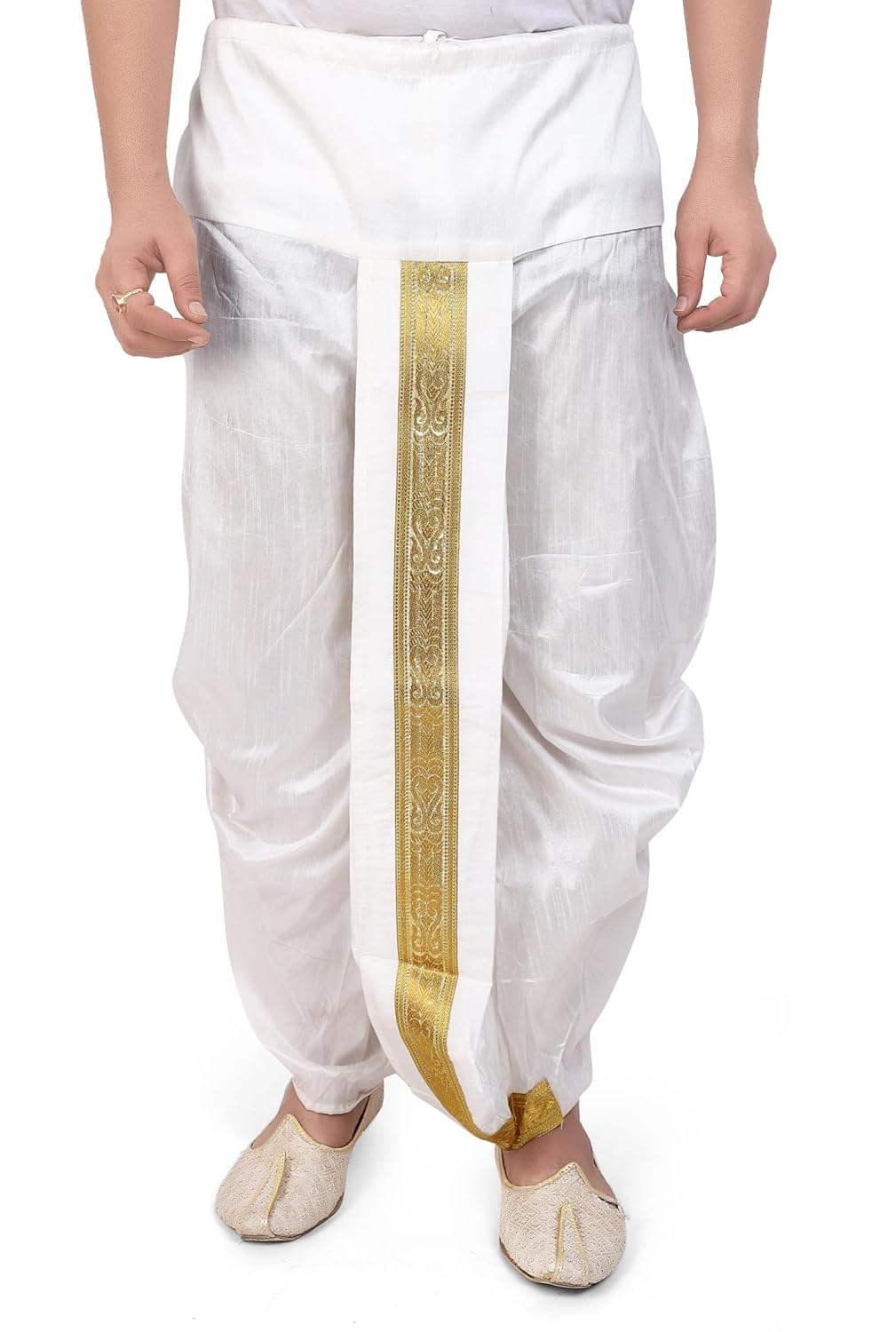 Ready to Wear Dupion Silk Dhoti For Men Wedding, Pooja And Traditional Function Use It [ Waist – Free Size And Height 40 Inches]