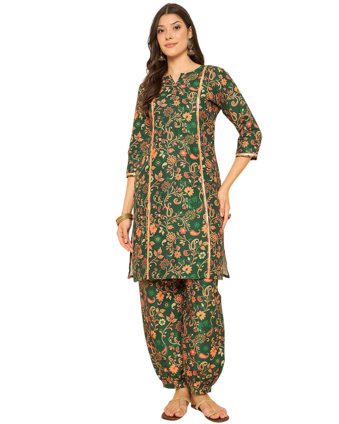 SheWill Floral Printed Cotton Kurta with Patiala Pants – Stylish Round Neck, 3/4 Sleeves, Comfortable Ethnic Set for Women