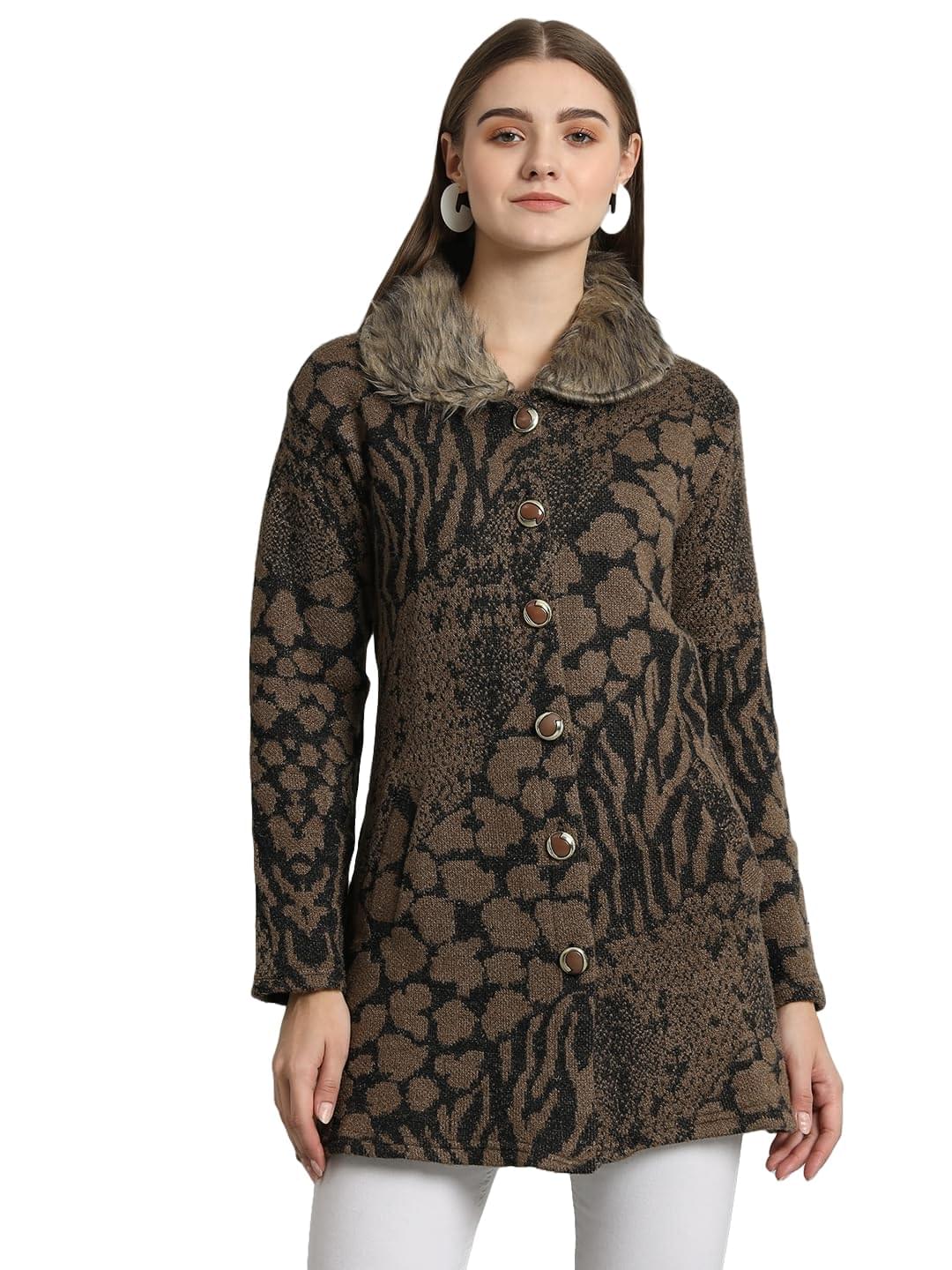 eWools Women’s winterwear Woolen Fur Collar Long Cardigan Sweater