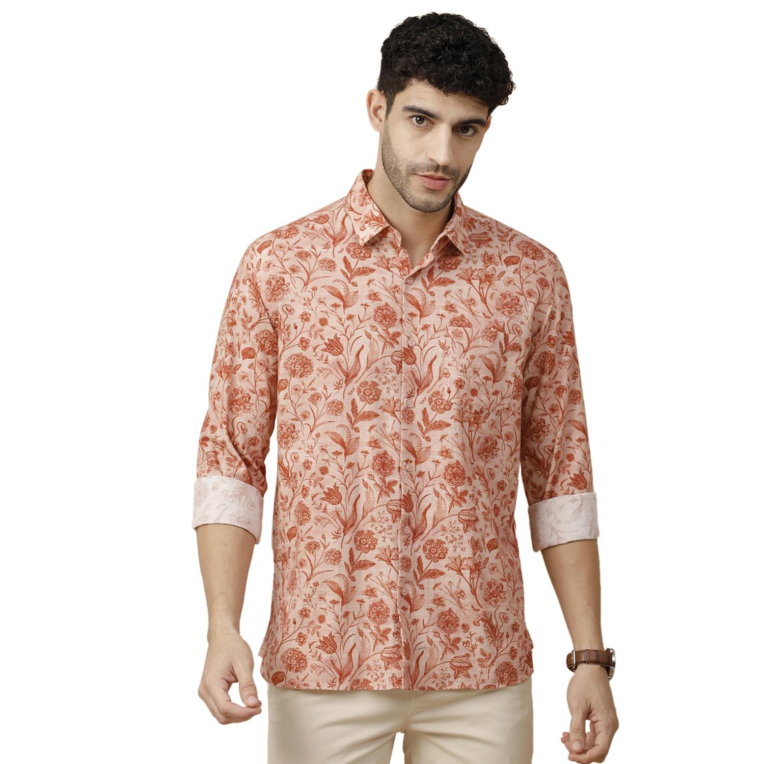 Cavallo by Linen Club Men’s Blended Linen Brown Printed Contemporary Fit Full Sleeve Casual Shirt