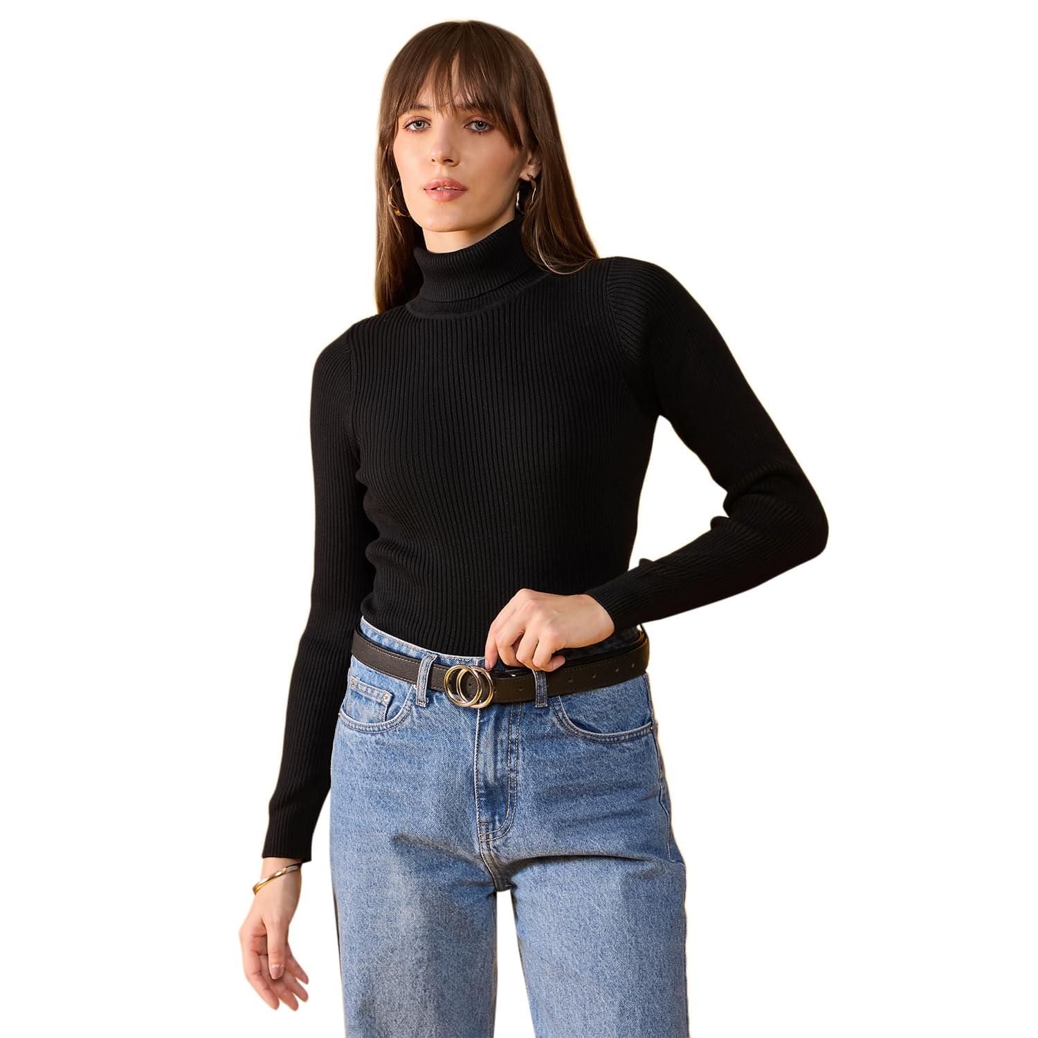 98 Degree Women Pure Cotton Turtle Neck Sweater Has A Full Sleeve & Straight Hem-AW25AZG1121-BLACK