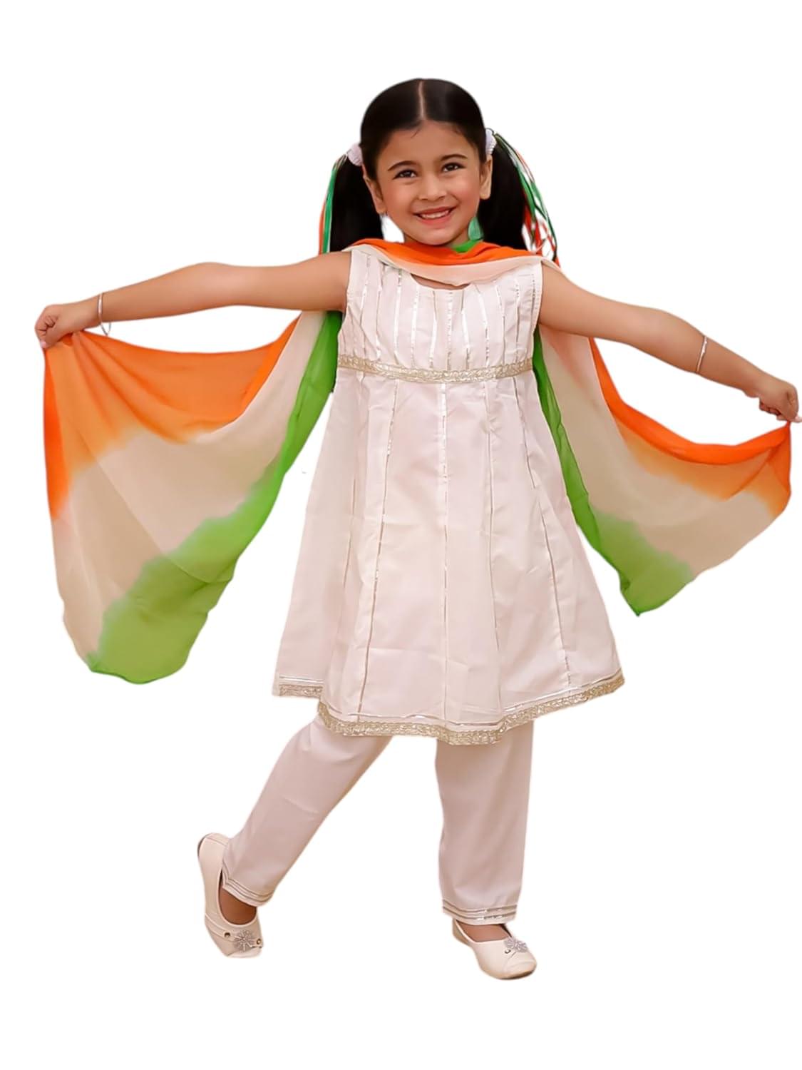 AJ DEZINES Girls Cotton Sleeveless Kurta Sharara Set for Kids with Tricolor Dupatta – Ethnic Wear | Republic Independence Outfit – Solid Pattern, Regular Fit