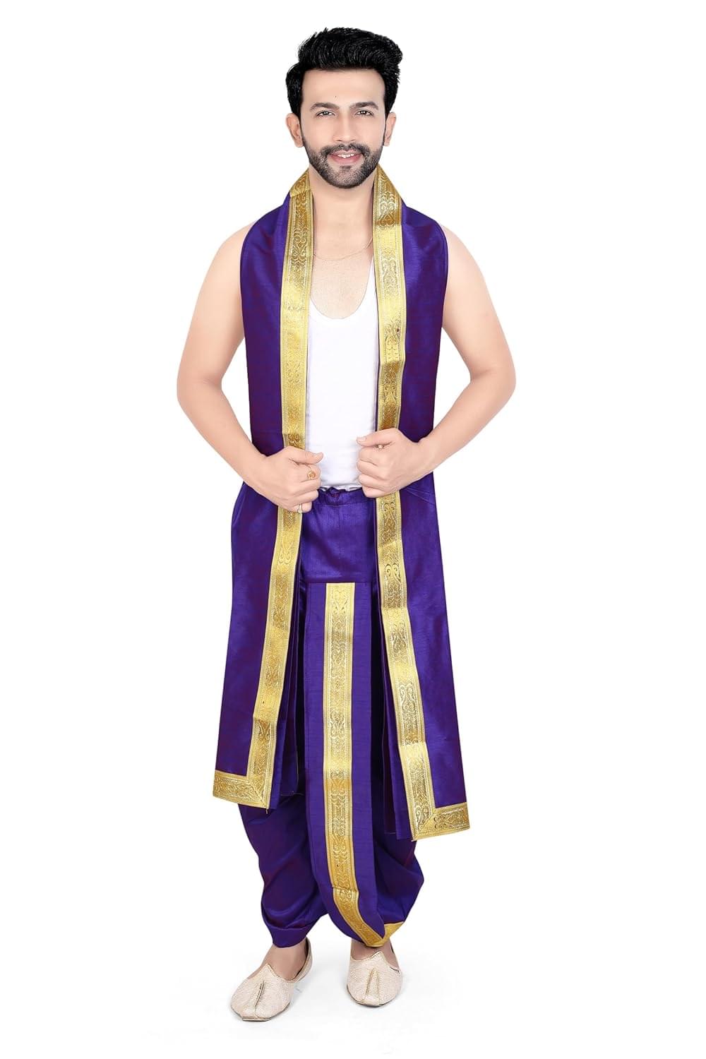 Ready to Wear Dupion Silk Dhoti With Dupatta For Men Wedding, Pooja And Traditional Function Use It [ Waist – Free Size And Height 40 Inches]