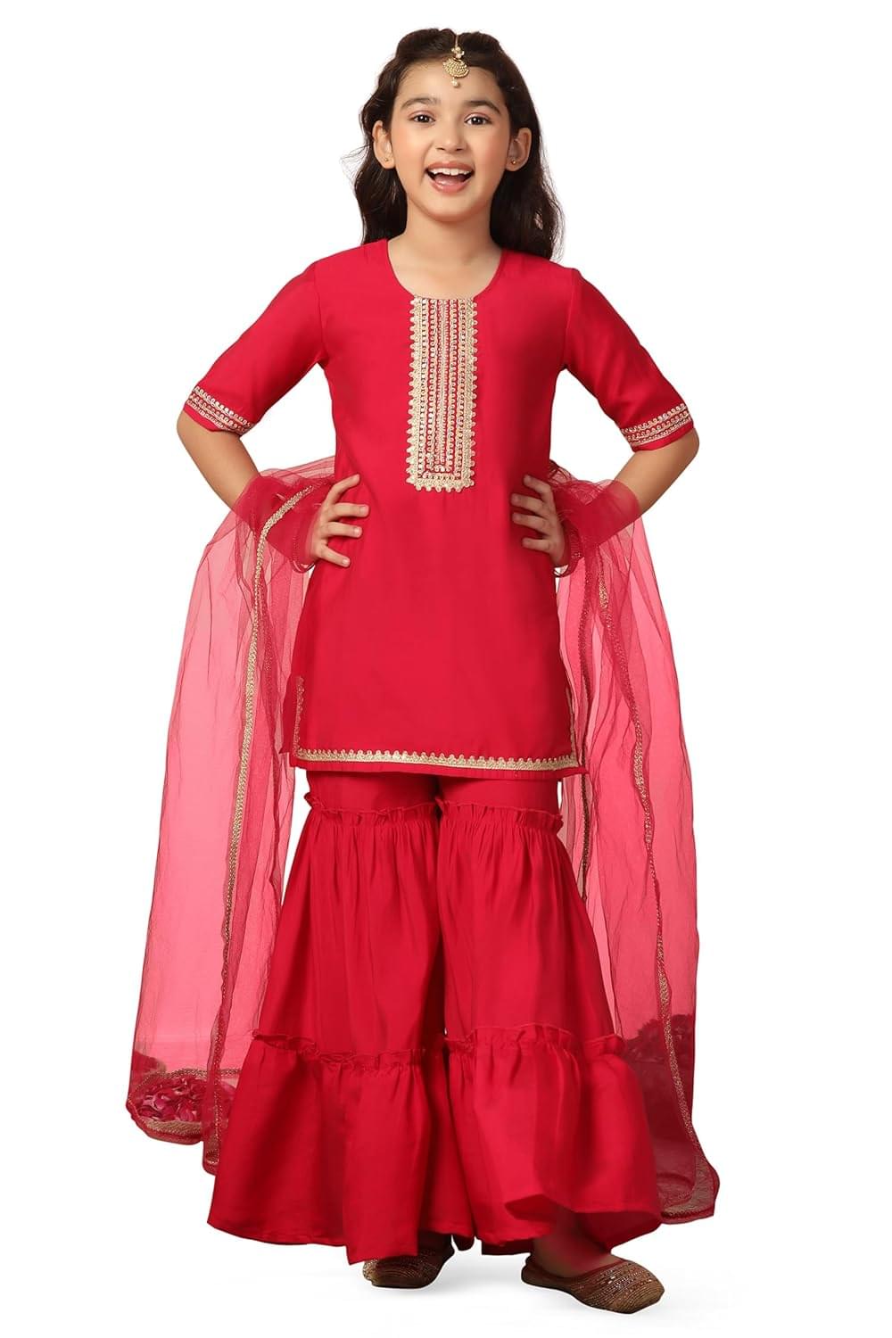 Jwalin Girl’s Chanderi Silk Embroidered Salwar Suit Set|Kids Salwar Suit Set|Kids Ethnic Wear|Salwar Suit for Girls