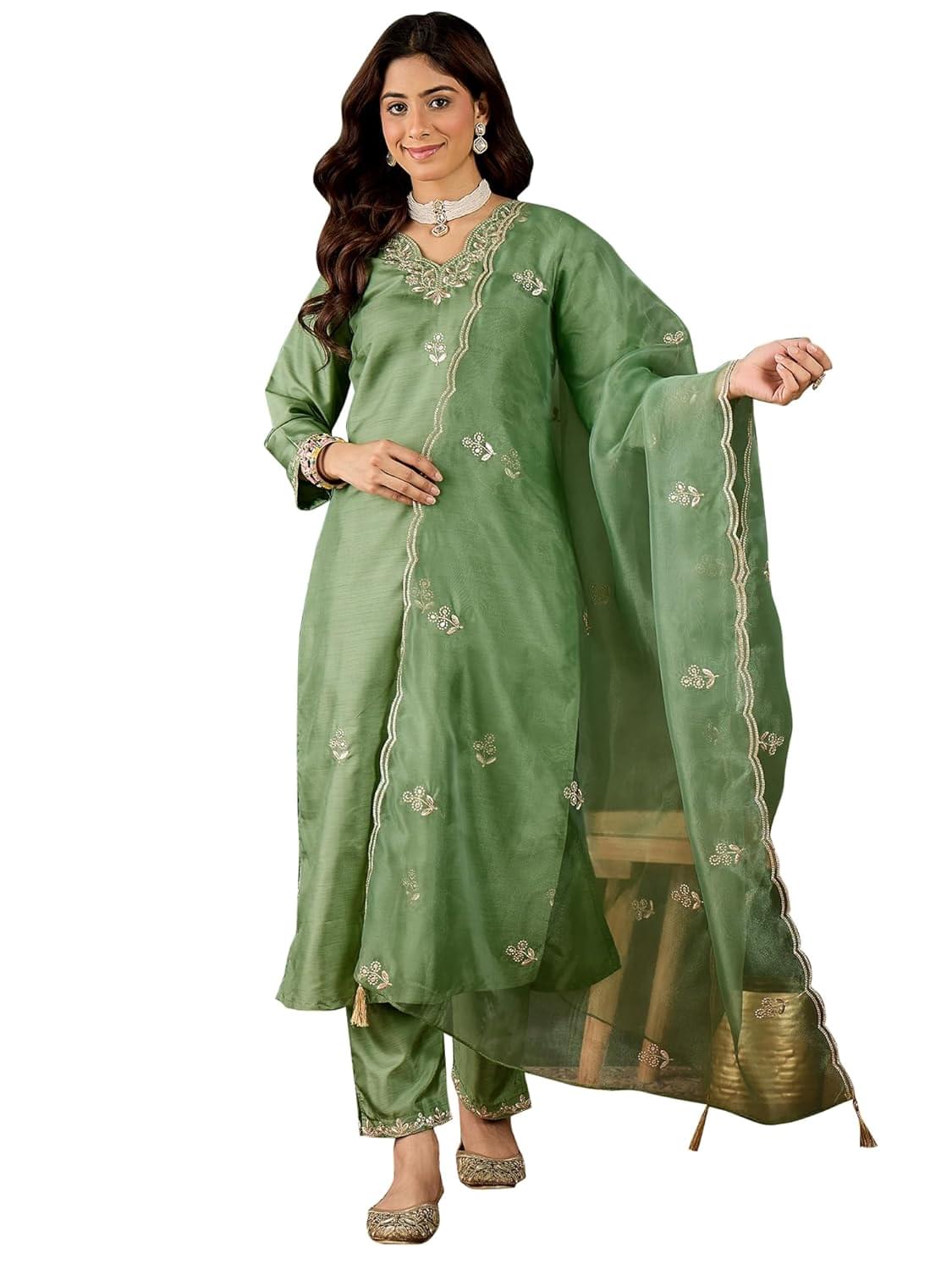 VredeVogel Women’s Ethnic Wear Embroidered Silk Blend Kurta Pant Set with Organza Dupatta | Festive & Casual Summer Kurti with Pants for Party Office & Ethnic Occasions