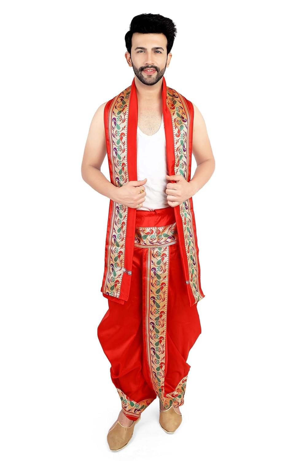 Ready to Wear Paithani Silk Dhoti With Dupatta For Men Wedding, Pooja And Traditional Function Use It [Red, Waist – Free Size And Height 38 Inches]