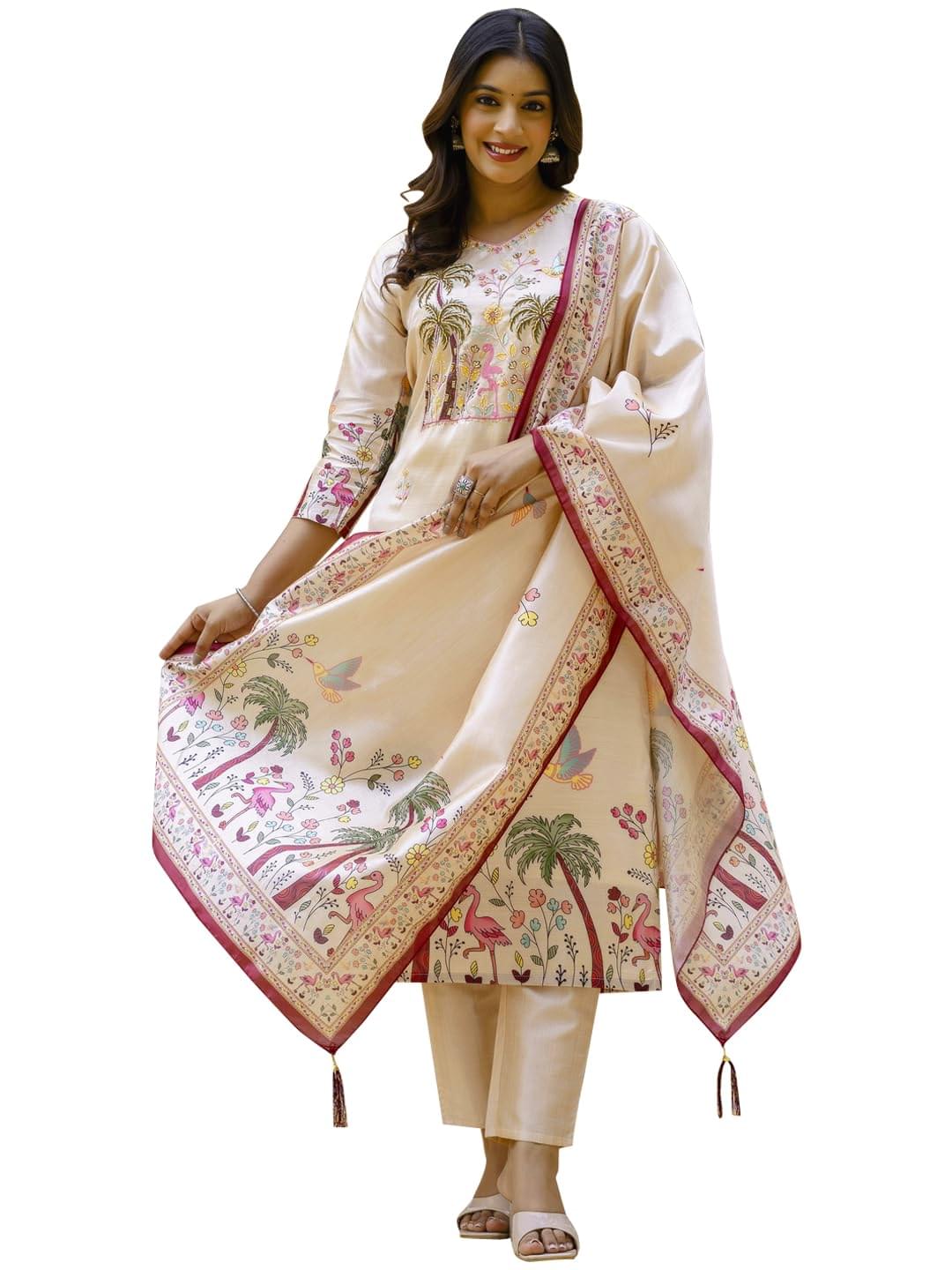 VredeVogel Women’s Beads Embroidered Viscose Assam Silk Kurta Pant Set with Printed Dupatta | Festive & Casual Ethnic Kurta Sets for Women