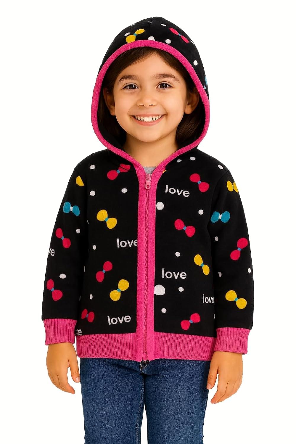 MANRA Girls Woolen Hoodie Sweater – Front Zip Winter Jacket with Colorful Print & Warm Hood – Stylish Kids Winter Wear
